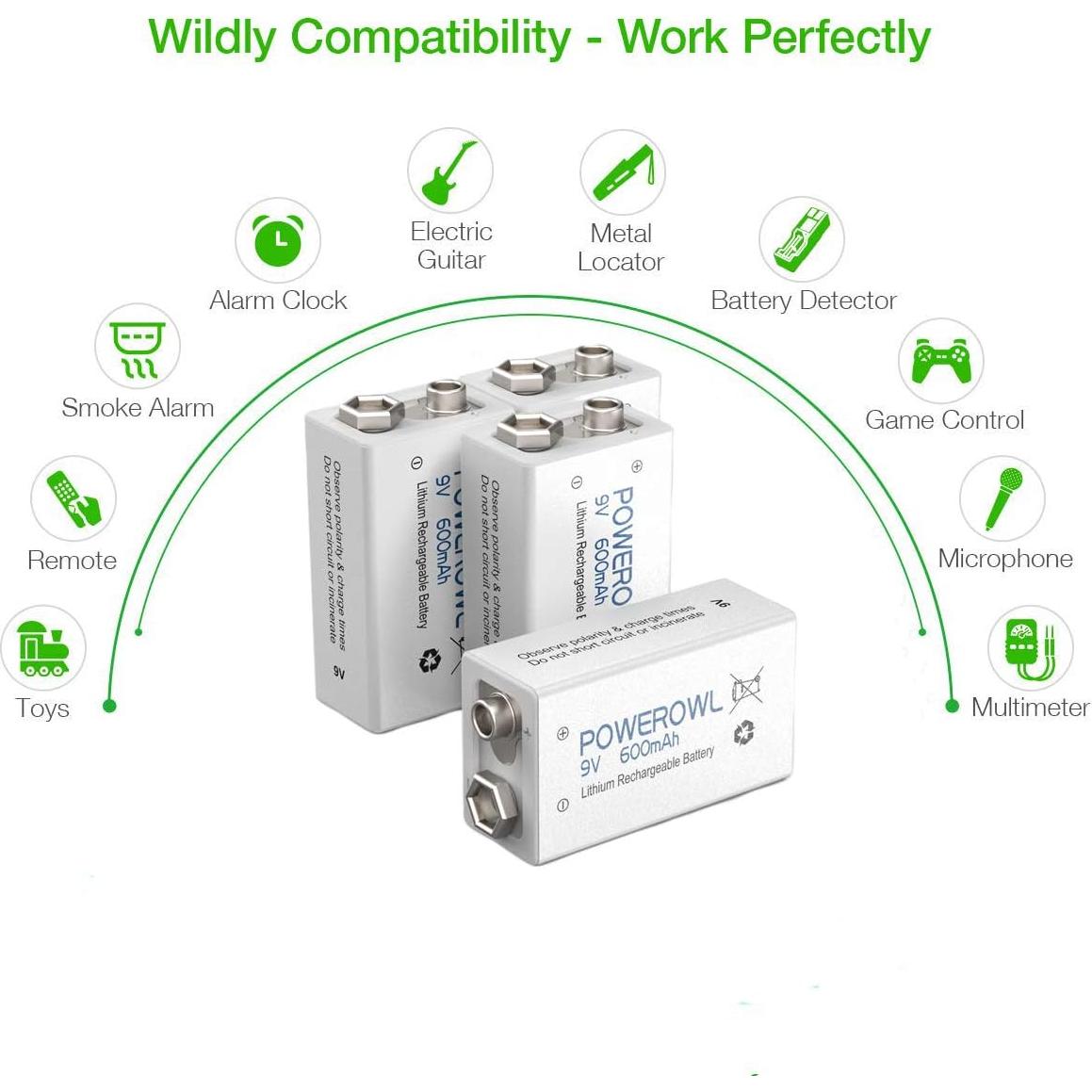 Baterías Recargables POWEROWL 9V 600mAh Litio Paquete 4