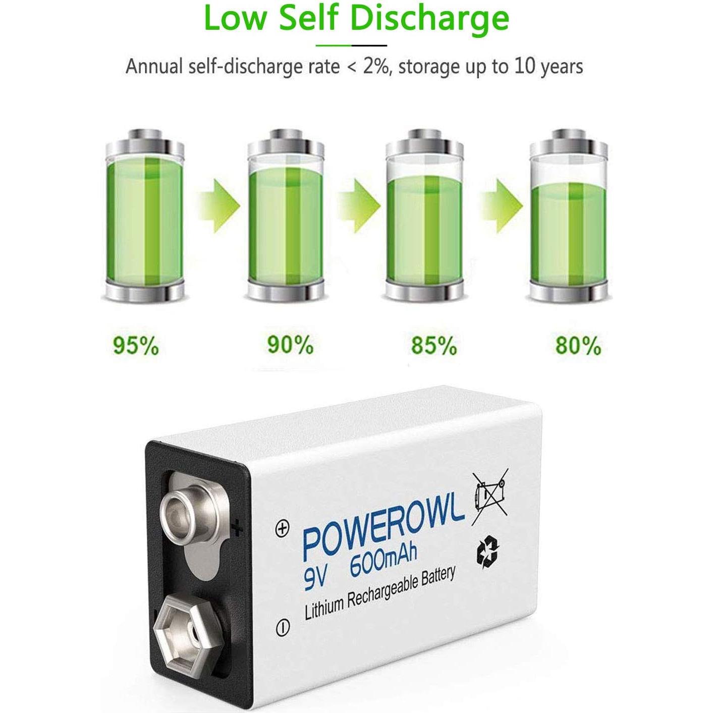 Baterías Recargables POWEROWL 9V 600mAh Litio Paquete 4