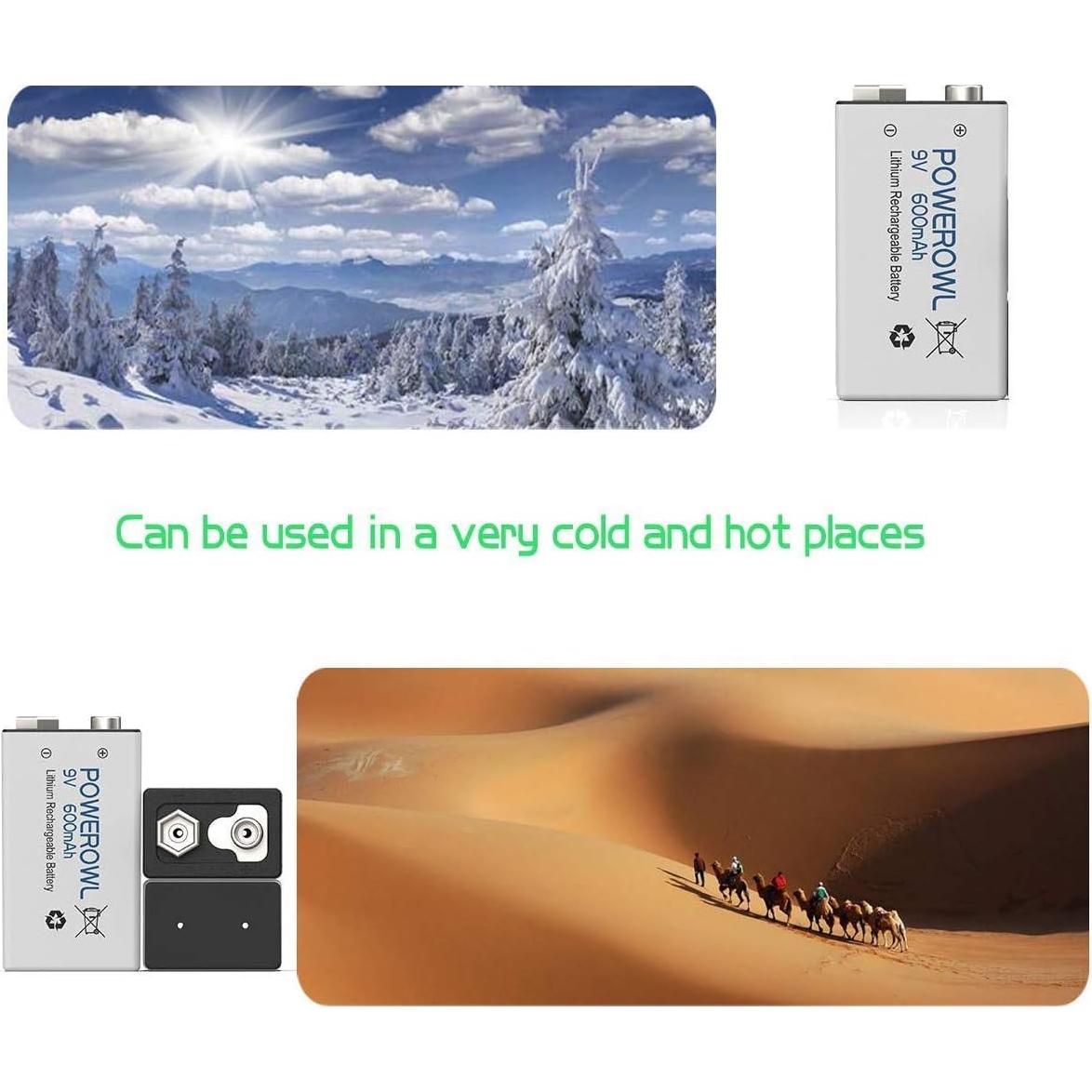 Baterías Recargables POWEROWL 9V 600mAh Litio Paquete 4