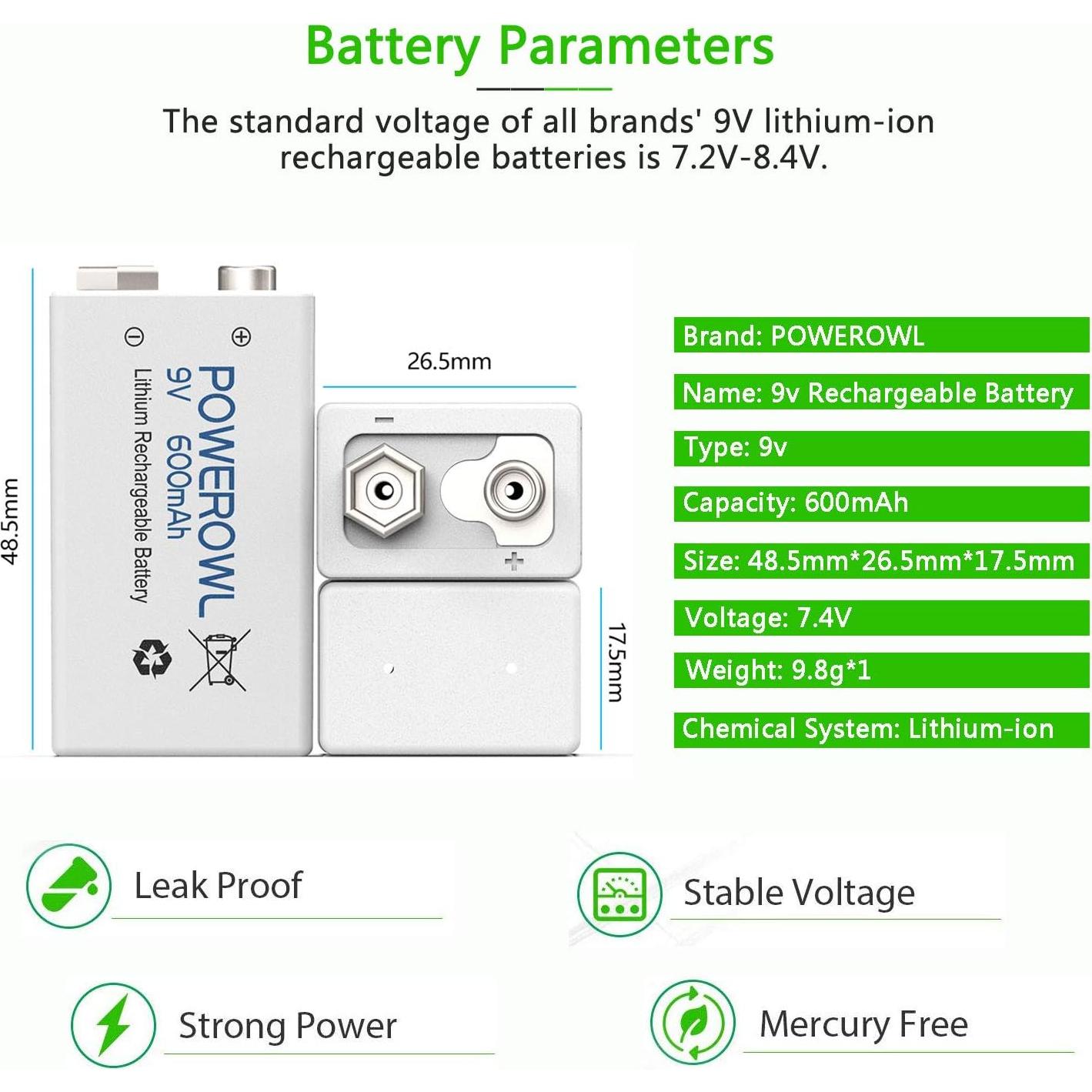 Baterías Recargables POWEROWL 9V 600mAh Litio Paquete 4
