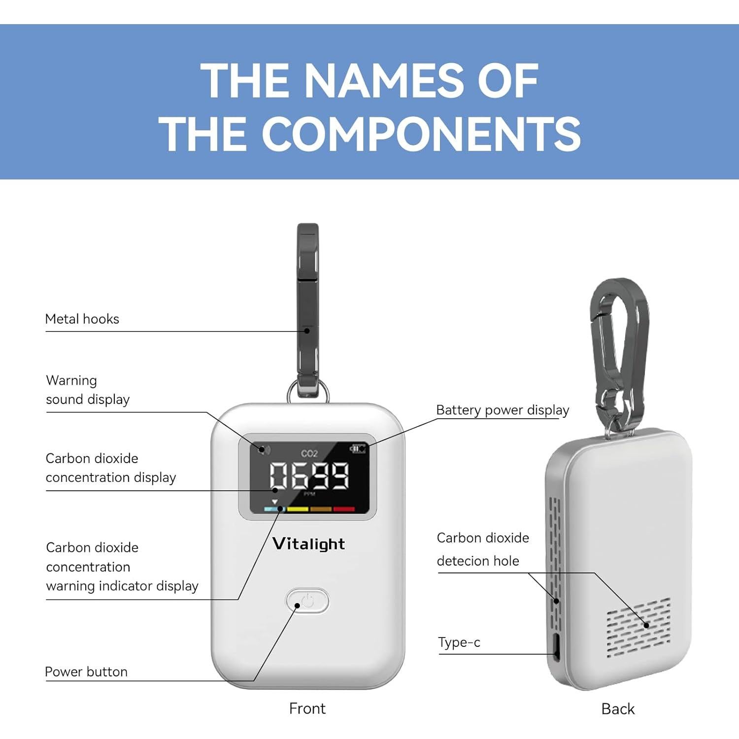 Mini Monitor de CO2 Vitalight, Calidad del Aire Portátil 900mAh
