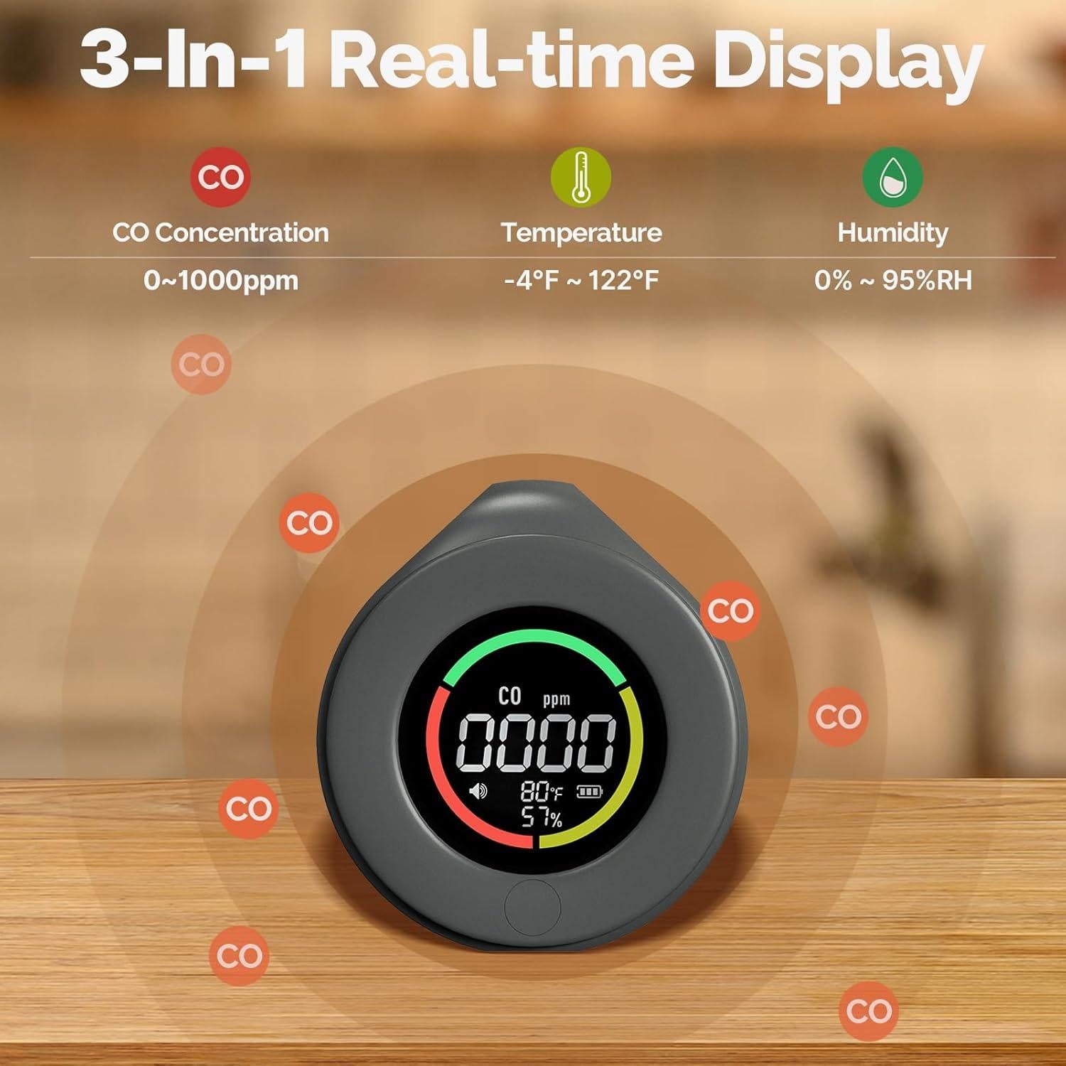 Detector de Monóxido de Carbono Portátil MOES, 120 Horas, Pantalla Color