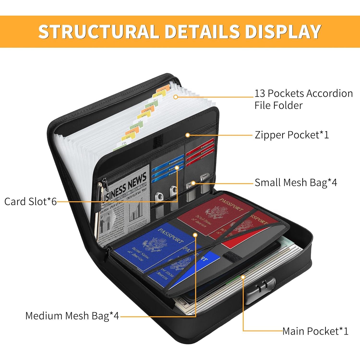 Organizador de Archivos Acordeón JUNDUN Negro a Prueba de Fuego 13 Bolsillos