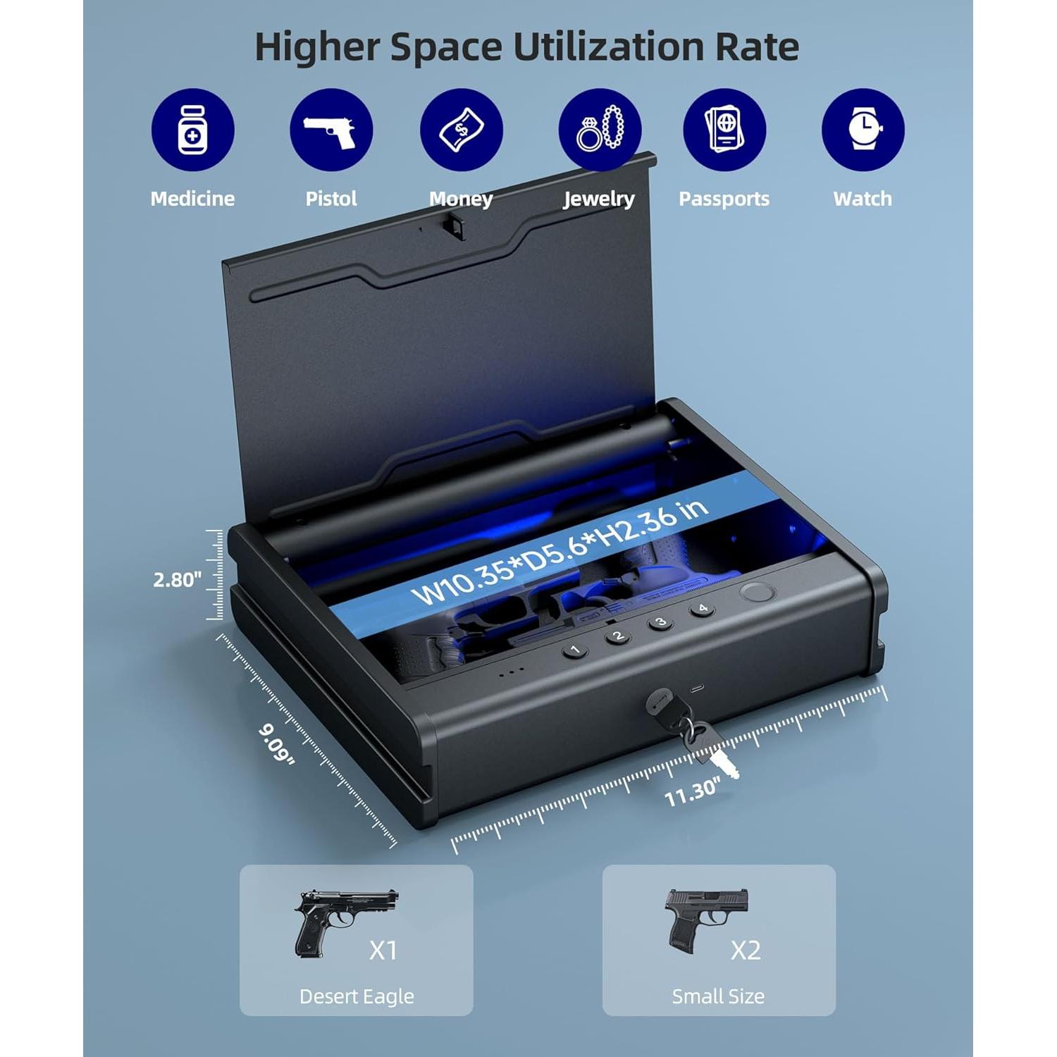 Caja Fuerte Biométrica PINEWORLD K1 para Pistolas con Luz Interior