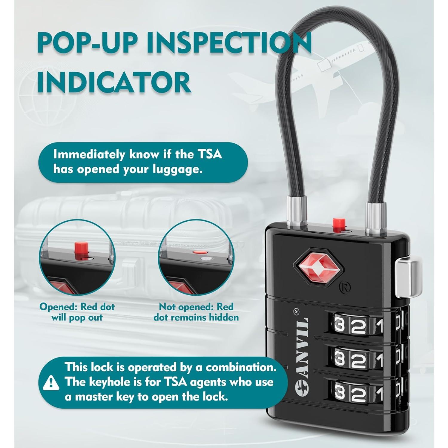 Candados de Equipaje ANVIL TSA008 - Combinación Alta Seguridad (2, Negro)