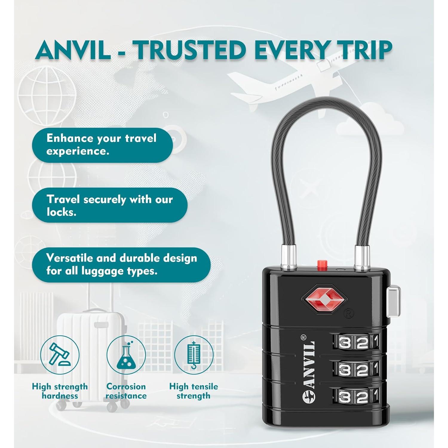 Candados de Equipaje ANVIL TSA008 - Combinación Alta Seguridad (2, Negro)