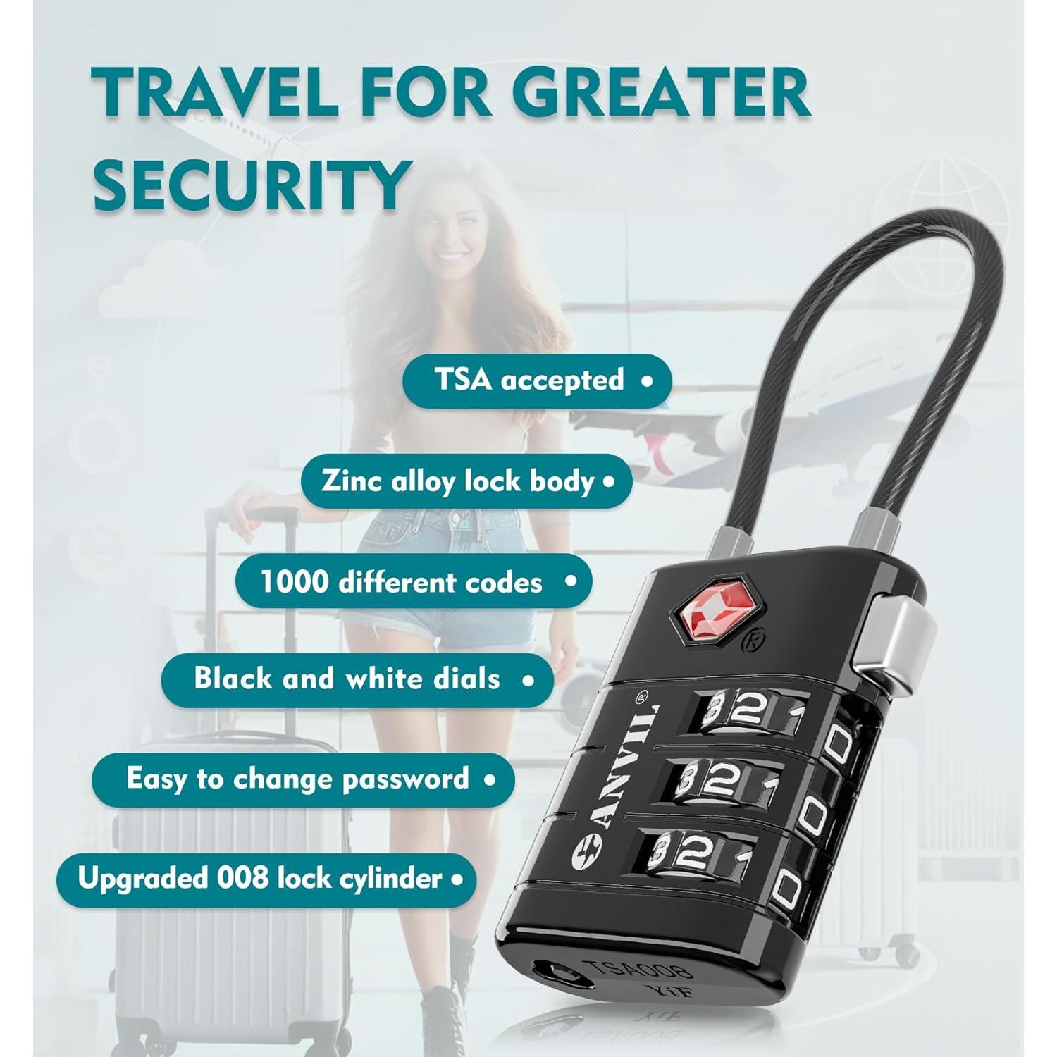 Candados de Equipaje ANVIL TSA008 - Combinación Alta Seguridad (2, Negro)