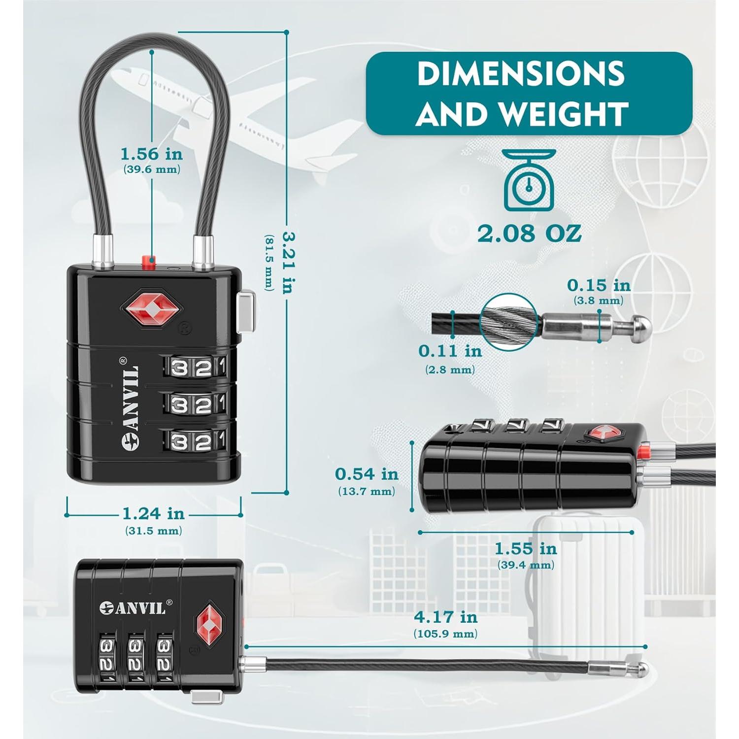 Candados de Equipaje ANVIL TSA008 - Combinación Alta Seguridad (2, Negro)