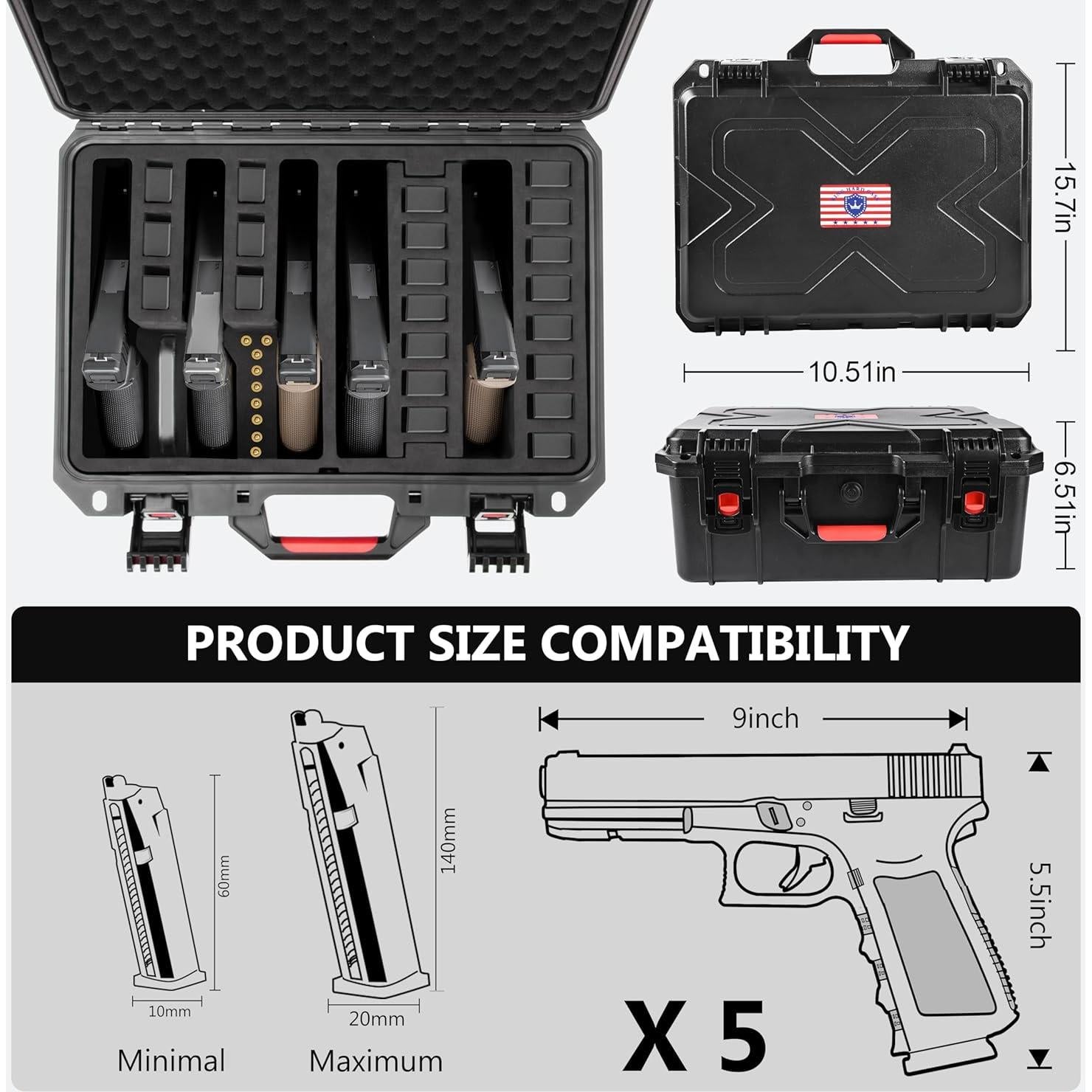 Estuche Duro Kinghardcase para 5 Pistolas y 21 Revistas