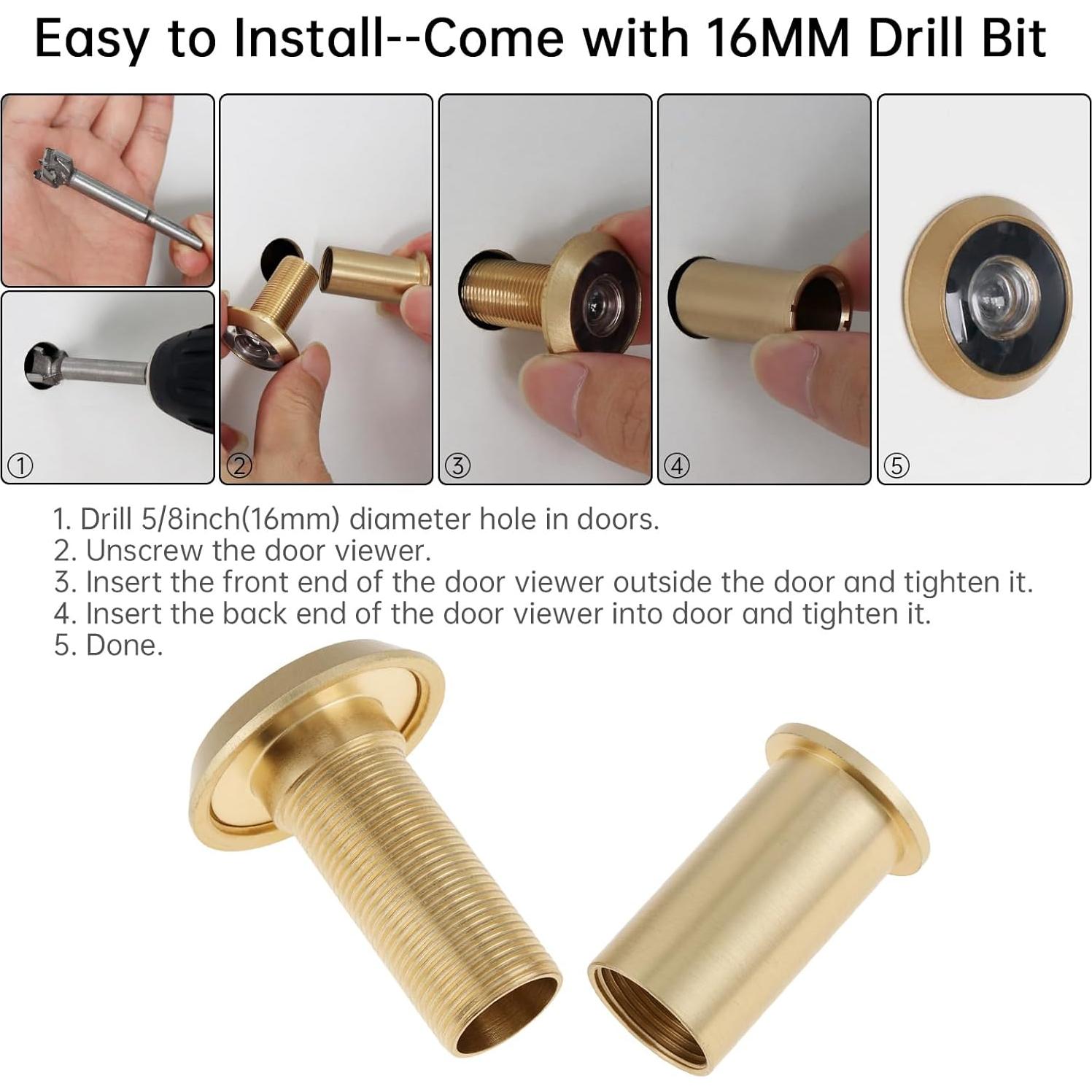 Mirilla de Puerta Dorado Satinado 200 Grados con Broca 16mm