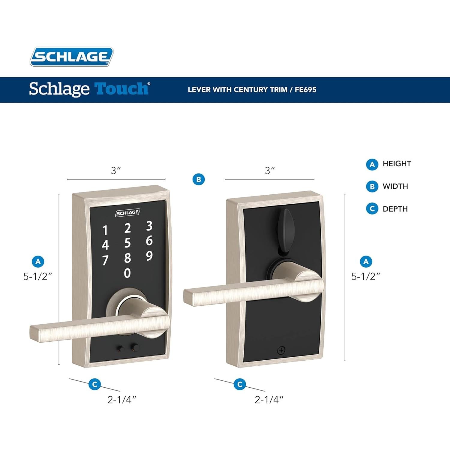 Cerradura Táctil Sin Llave Schlage FE695 CEN 622 Latitude Negro Mate