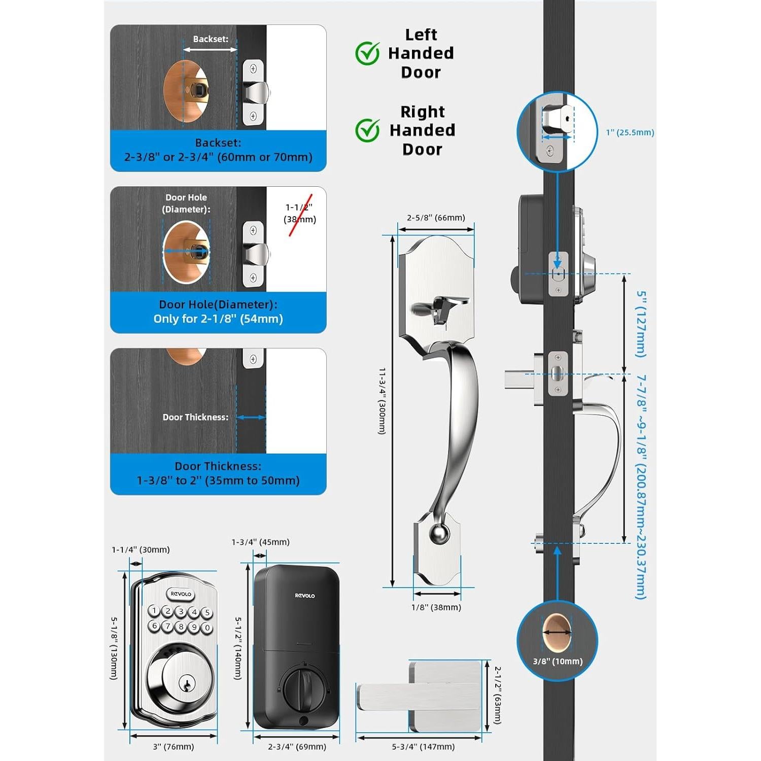 Cerradura Electrónica Revolo RE001 con Teclado y Manija - Níquel Satinado