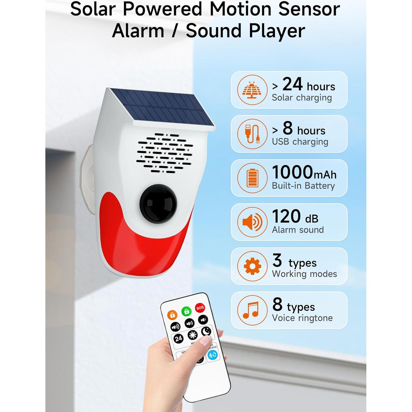 Alarma de Movimiento Solar PILSAMAS 120dB con Grabaciones Personalizadas