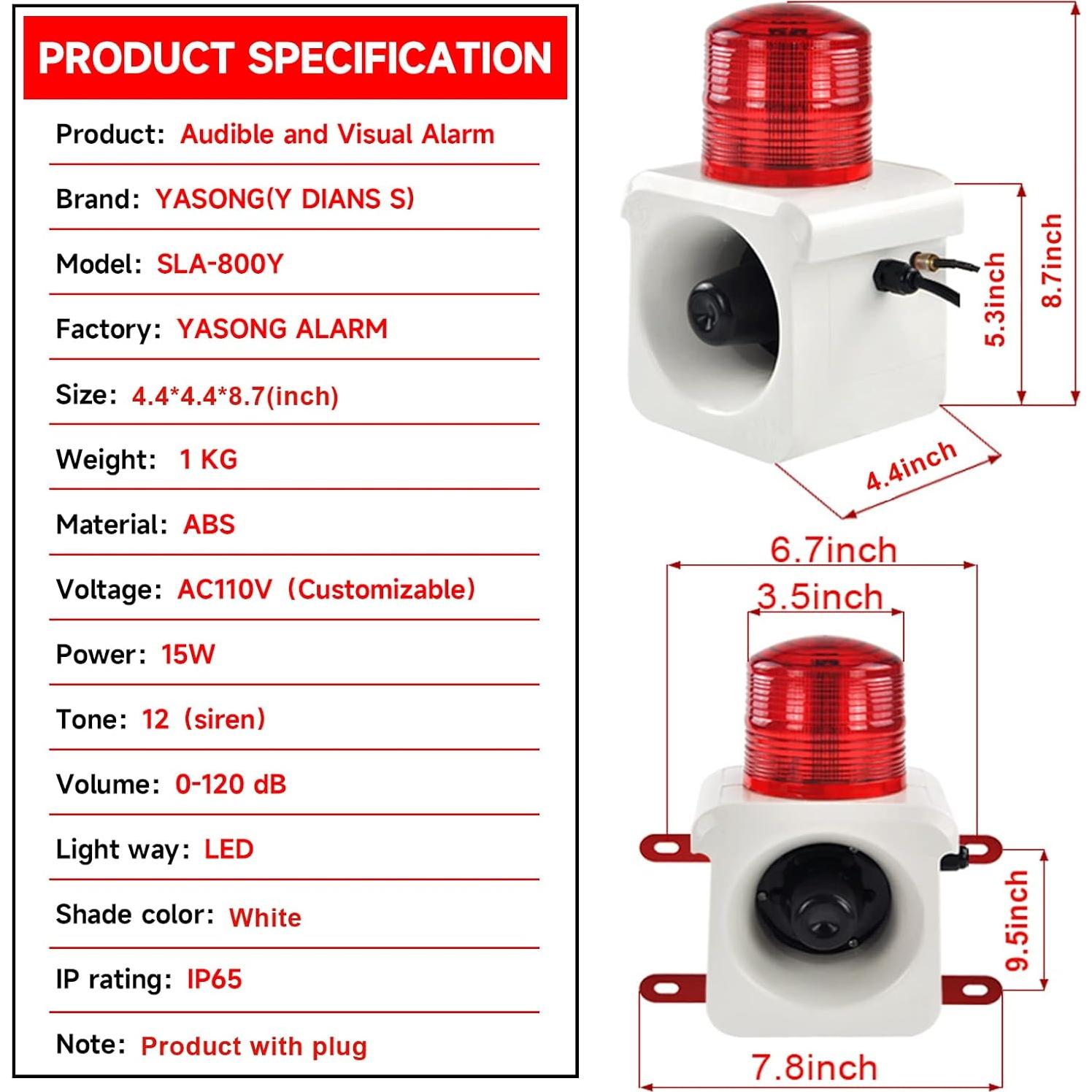 Sirena de Alarma YASONG SLA-800Y Inalámbrica 120dB LED 15W