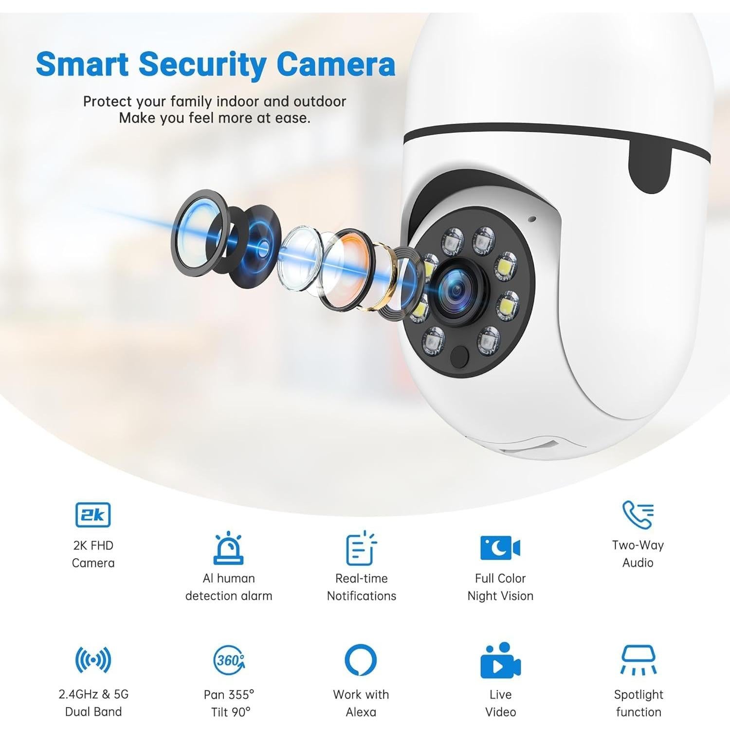 Cámara de Seguridad Bombilla JWQPO 2K WiFi Doble Banda 5G/2.4G