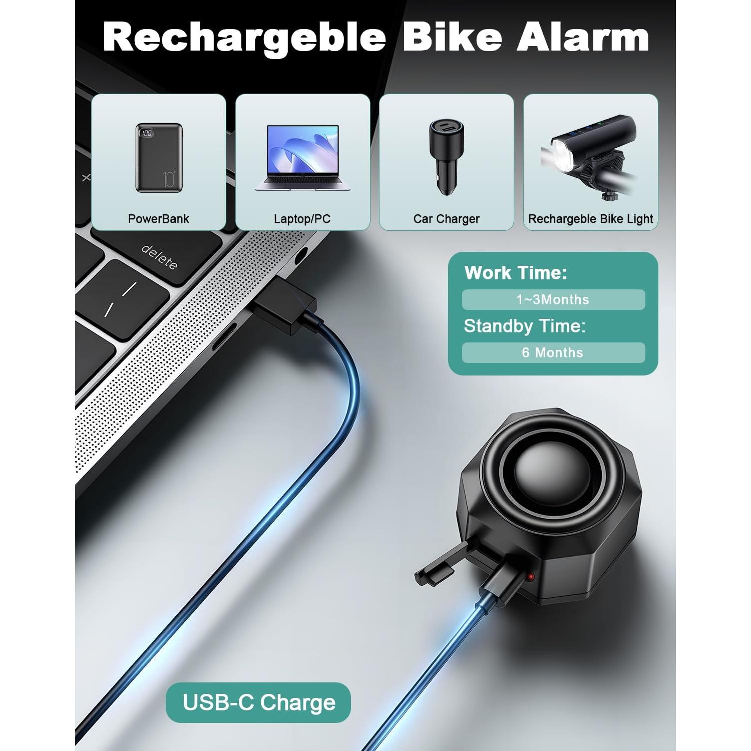 Alarma Antirrobo de Bicicleta POWVINE 110dB Recargable USB