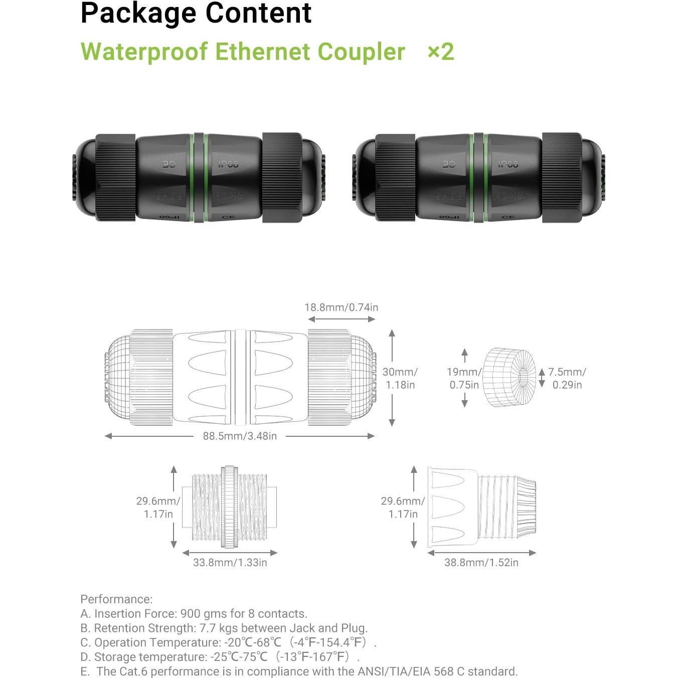Acoplador RJ45 a Prueba de Agua Cat6 LEENUE - Paquete de 2