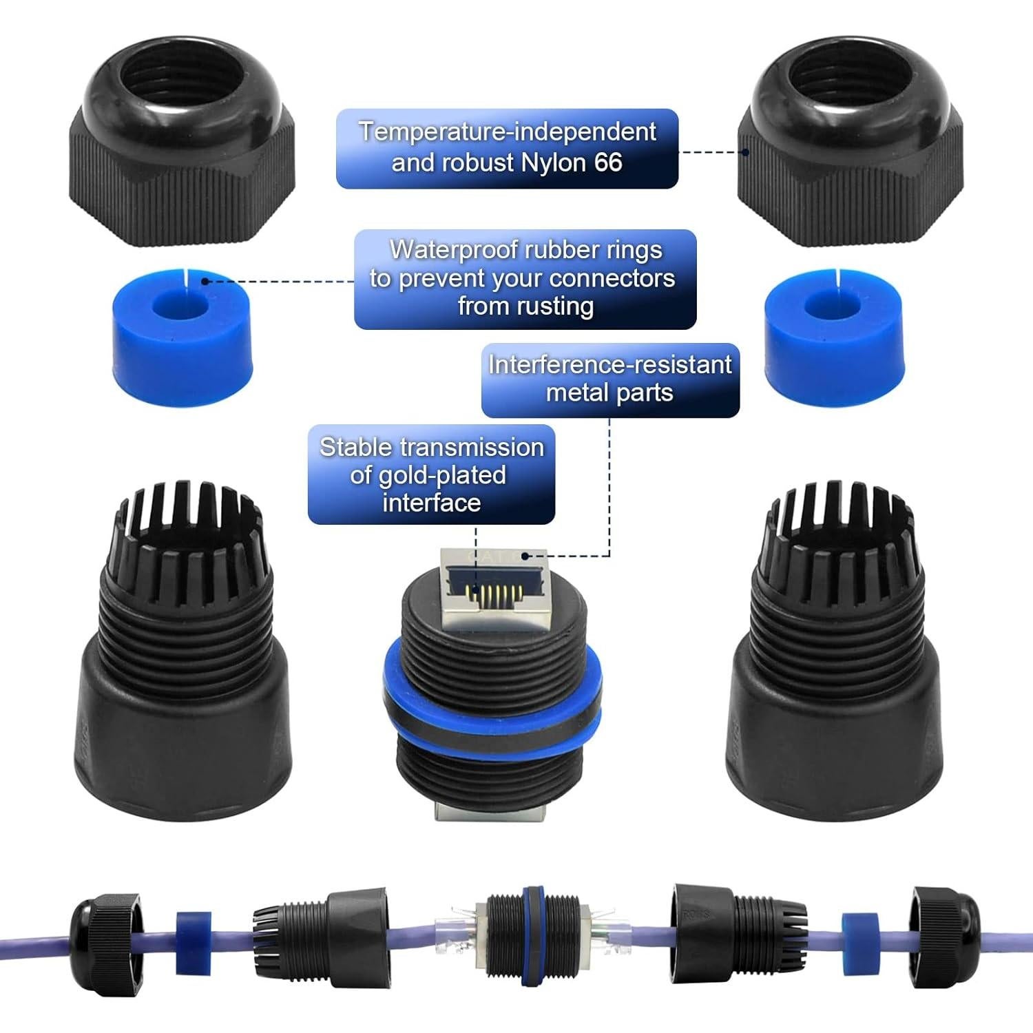 Acoplador RJ45 a Prueba de Agua VCELINK IP68 Cat6 - Paquete de 6