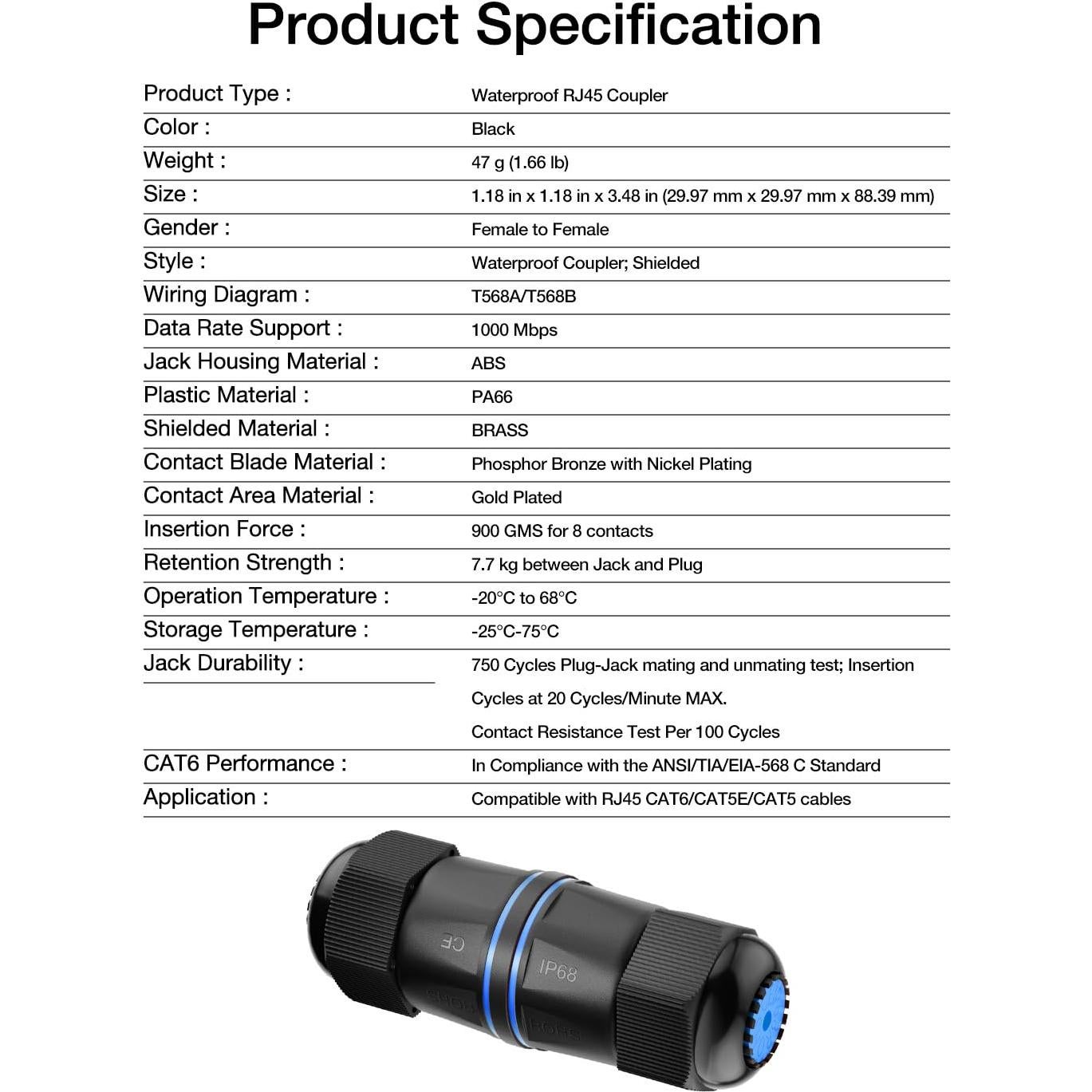 Acoplador RJ45 a Prueba de Agua VCELINK IP68 Cat6 - Paquete de 6