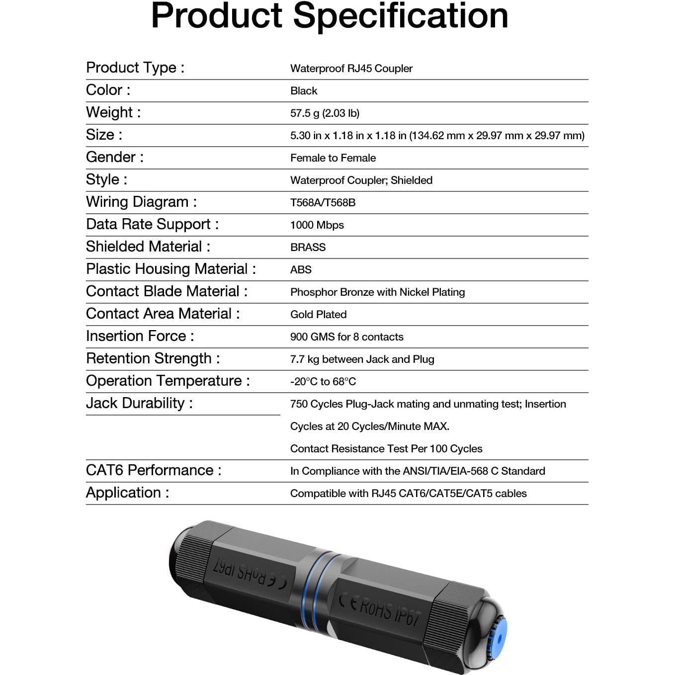 Acoplador RJ45 Impermeable VCE IP68 CAT6 Femenino 2-Pack