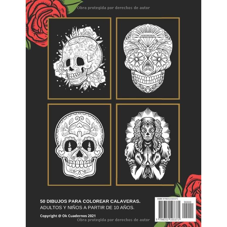 Libro de colorear Calaveras: 50 láminas para colorear Día de los Muertos con el fondo negro | Calaveritas de azúcar y tatuajes para colorear | ... adultos y adolescentes (Spanish Edition)