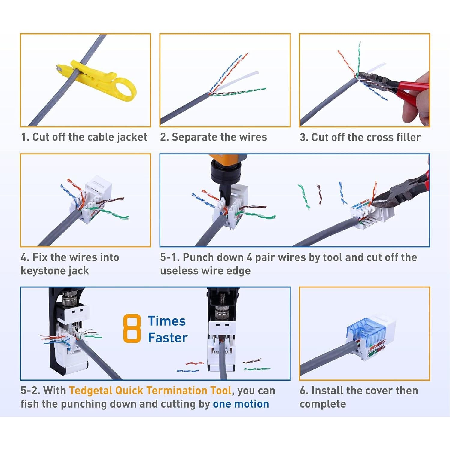 Jack Keystone RJ45 Cat6 Tedgetal 25-Pack 45 Grados Blanco
