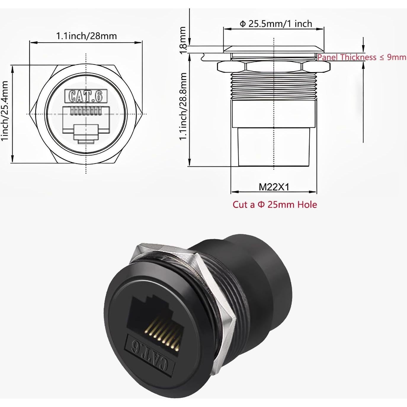 RJ45 CAT6 Panel Mount Adapter Female-to-Female Ethernet Pass-Through Connector, 10 Gbps Bulkhead Interface Adapter, XLR/D-Panel Mountable with Waterproof & Dustproof Cover (1-Pack Black)