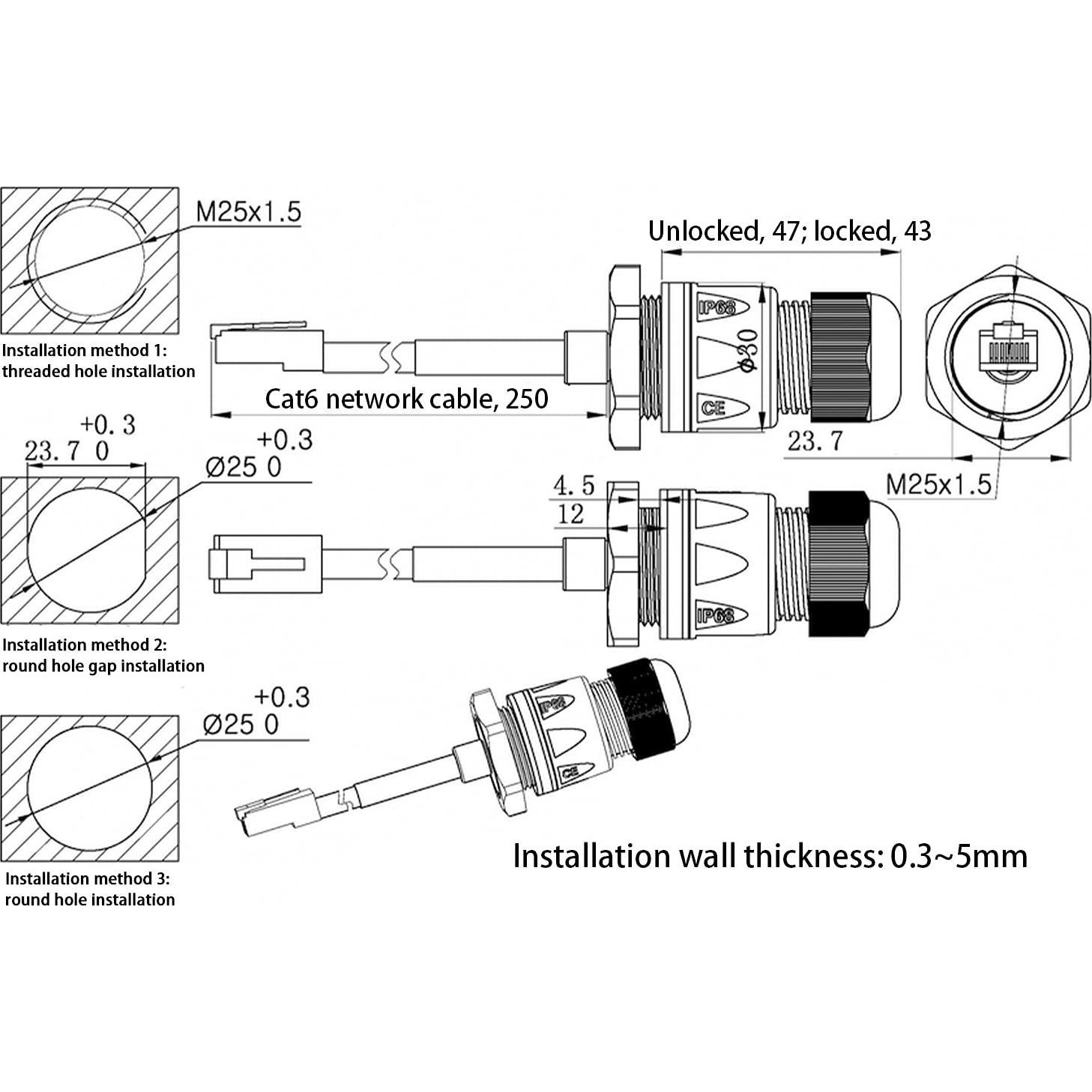 Conector RJ45 a Prueba de Agua M25 Cat6 2PCS Adaptador LAN