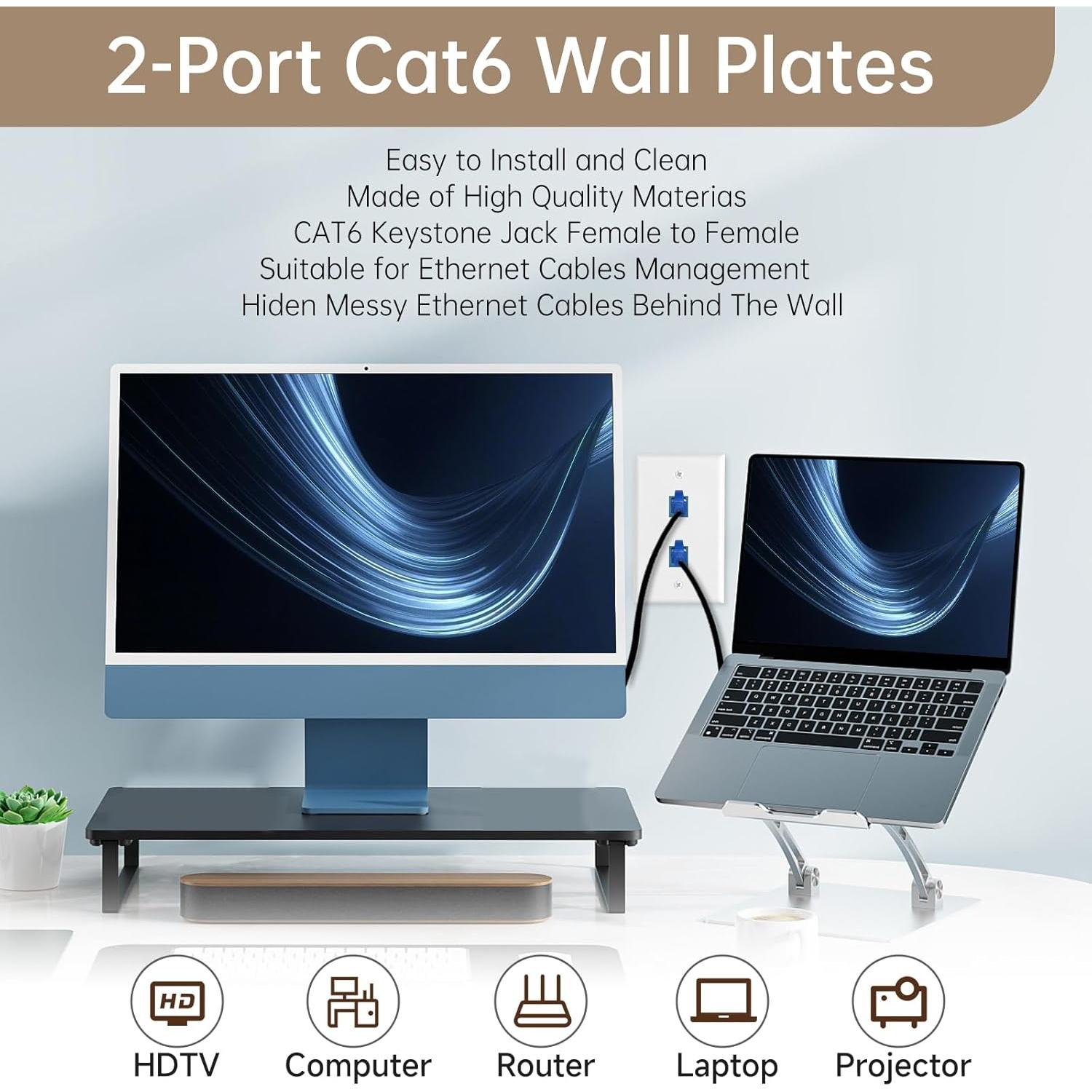 Placa de Pared Ethernet Cat6 FANYINTY 2P 1-Puerto y 2P 2-Puerto