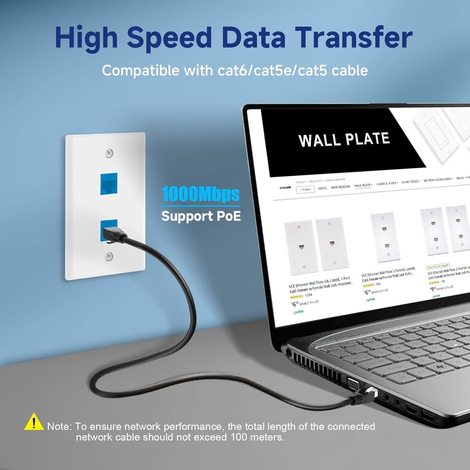 Placa de Pared Ethernet VCE 2 Puertos Azul Certificada UL