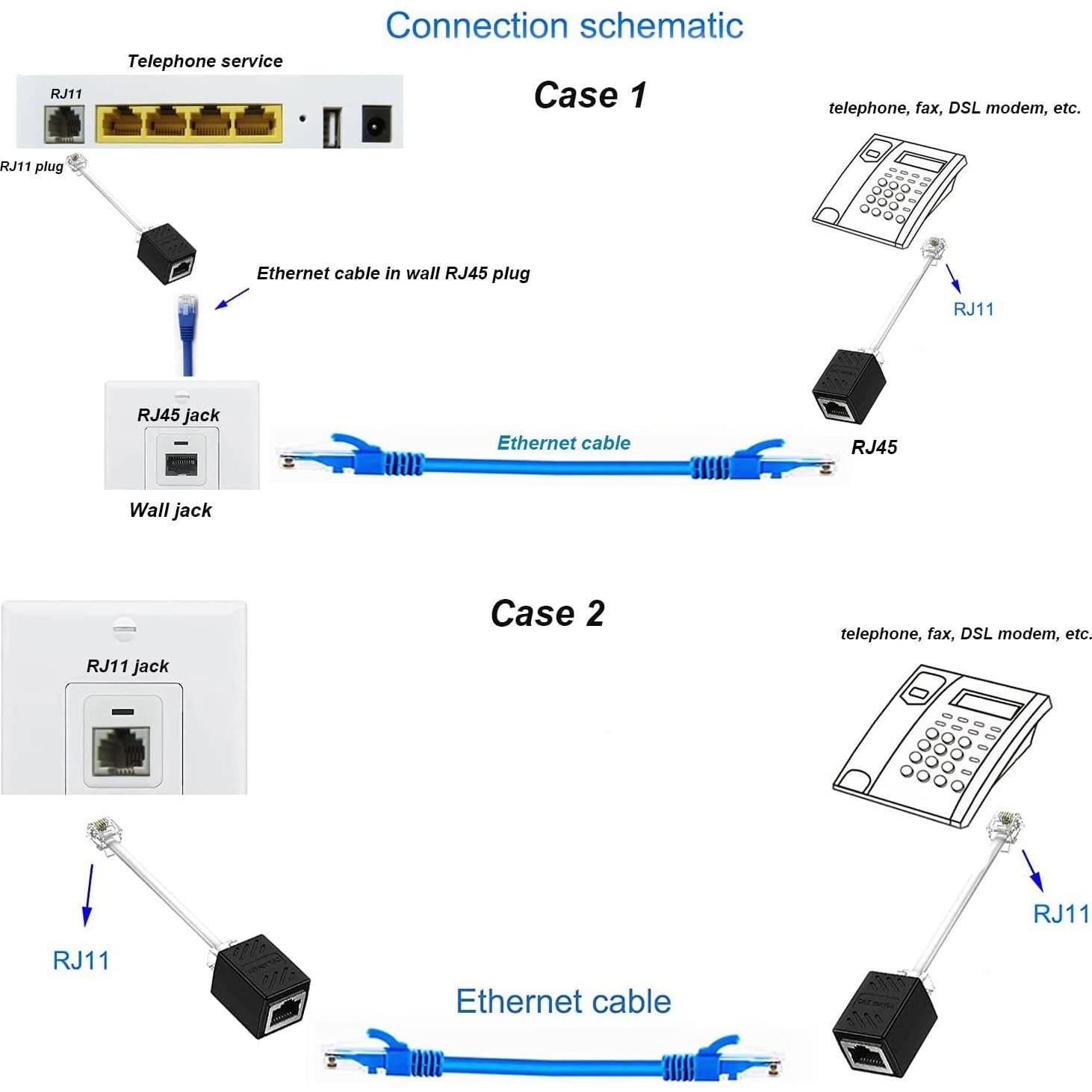 Adaptador RJ45 Hembrado a RJ11 Macho para Teléfono Fijo - Paquete de 2