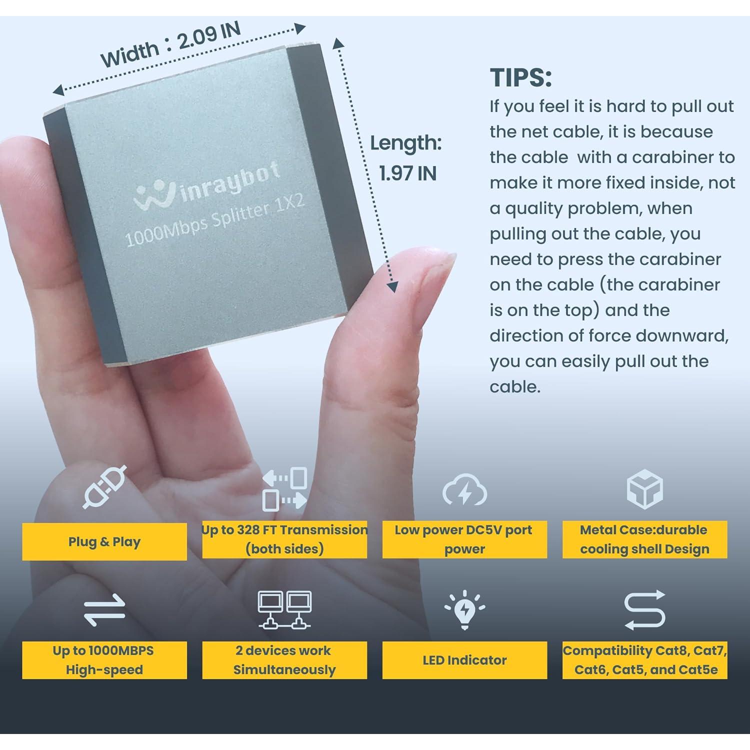 Divisor Ethernet 1 a 2 WinRaybot 1000Mbps USB Alimentado