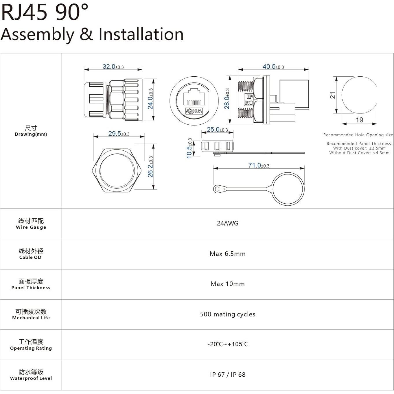 Acoplador RJ45 Impermeable AOHUA 90° IP68 - Paquete de 4