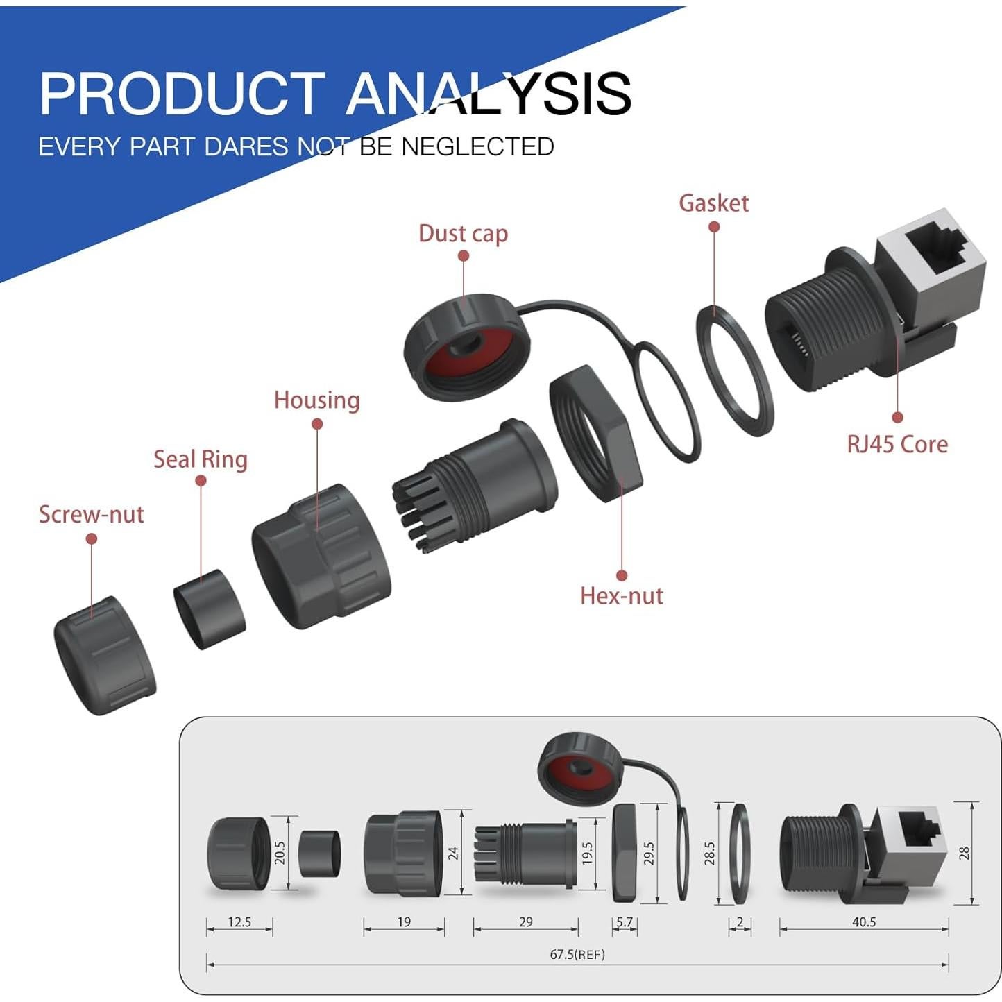Acoplador RJ45 Impermeable AOHUA 90° IP68 - Paquete de 4