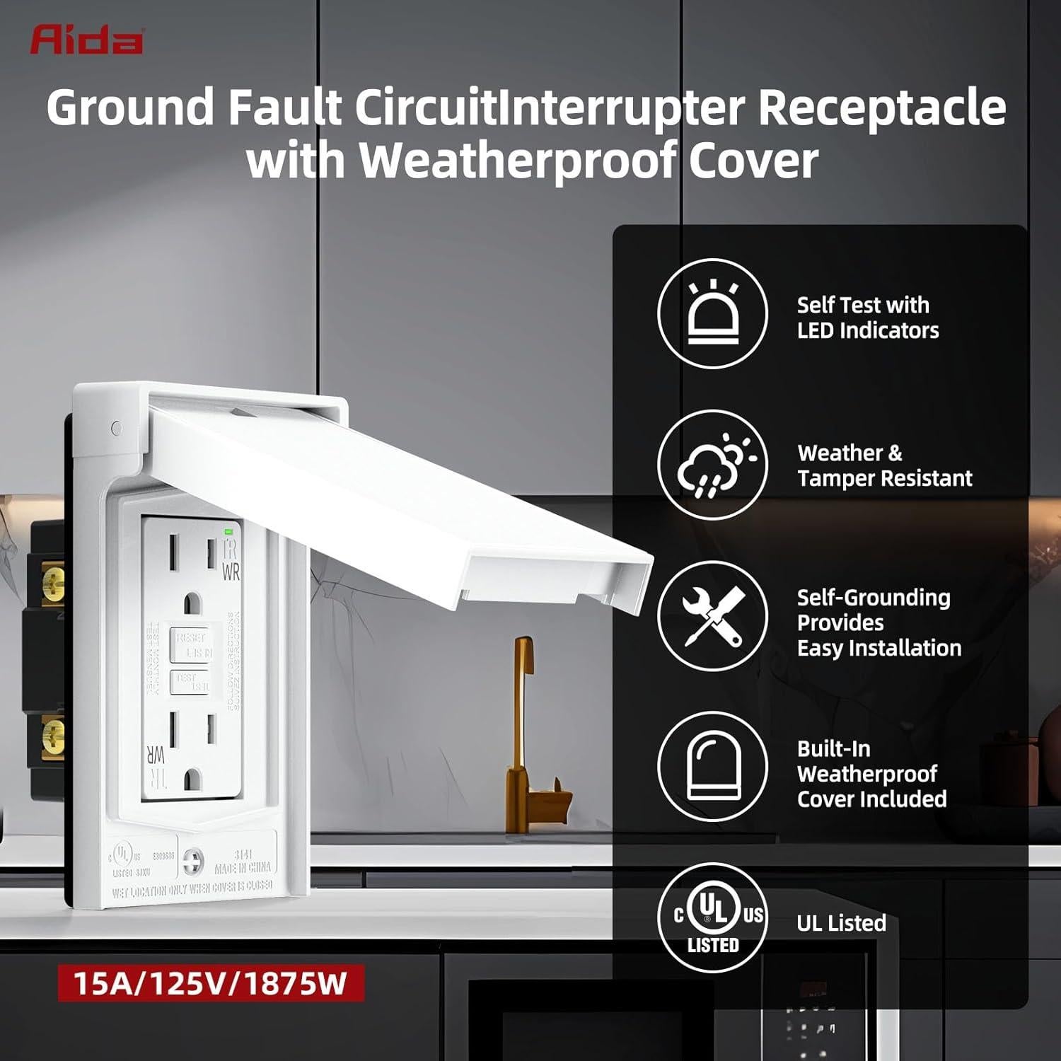 Enchufe GFCI AIDA 15A Resistente a la Intemperie Blanco