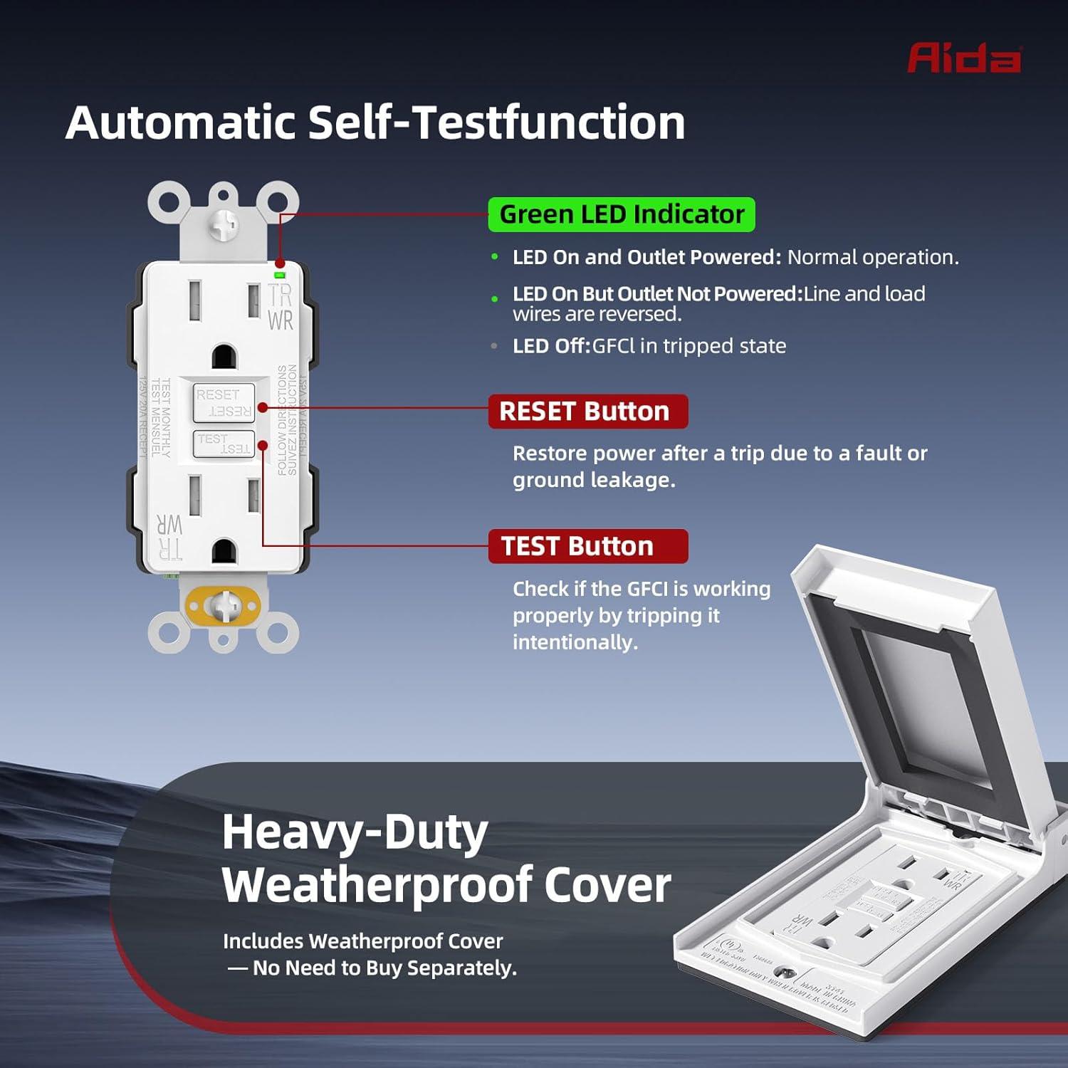 Enchufe GFCI AIDA 15A Resistente a la Intemperie Blanco