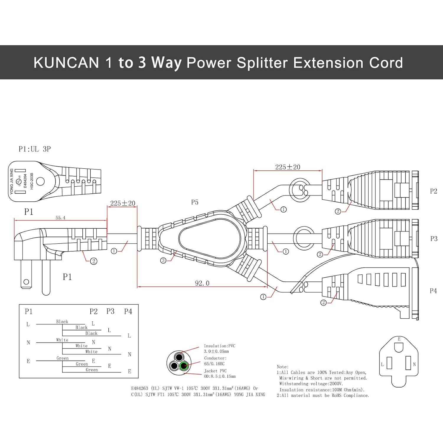Divisor de Energía KUNCAN 3 Salidas 1.5FT para Exterior