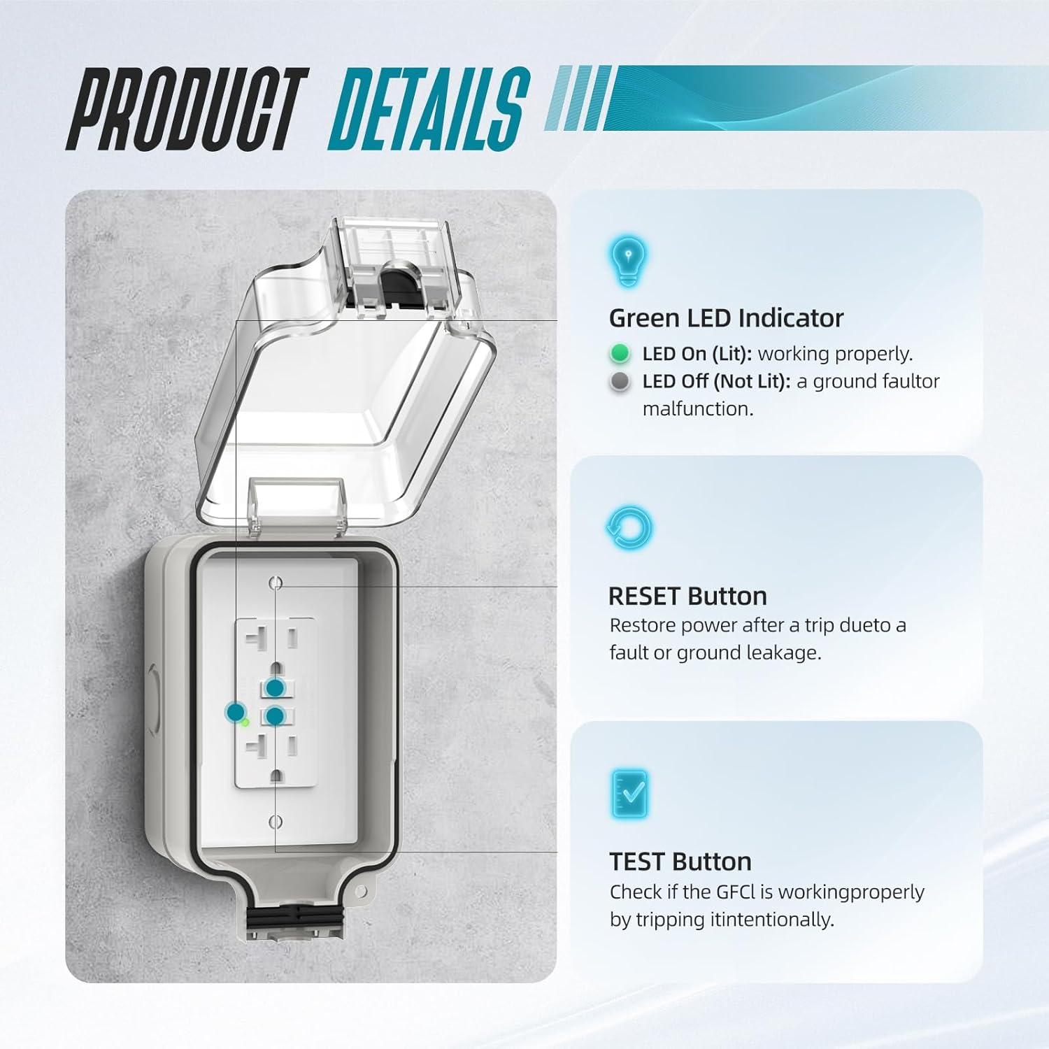 Caja de Salida Eléctrica GFCI 20A Hilictokt IP66 Doble Toma