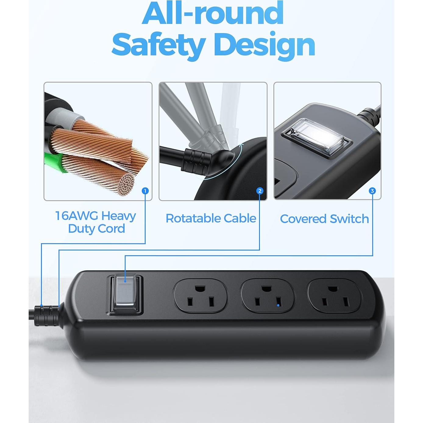 Toma de Corriente Exterior EIGSO IPX6 3 Salidas 1.83m Antichoque