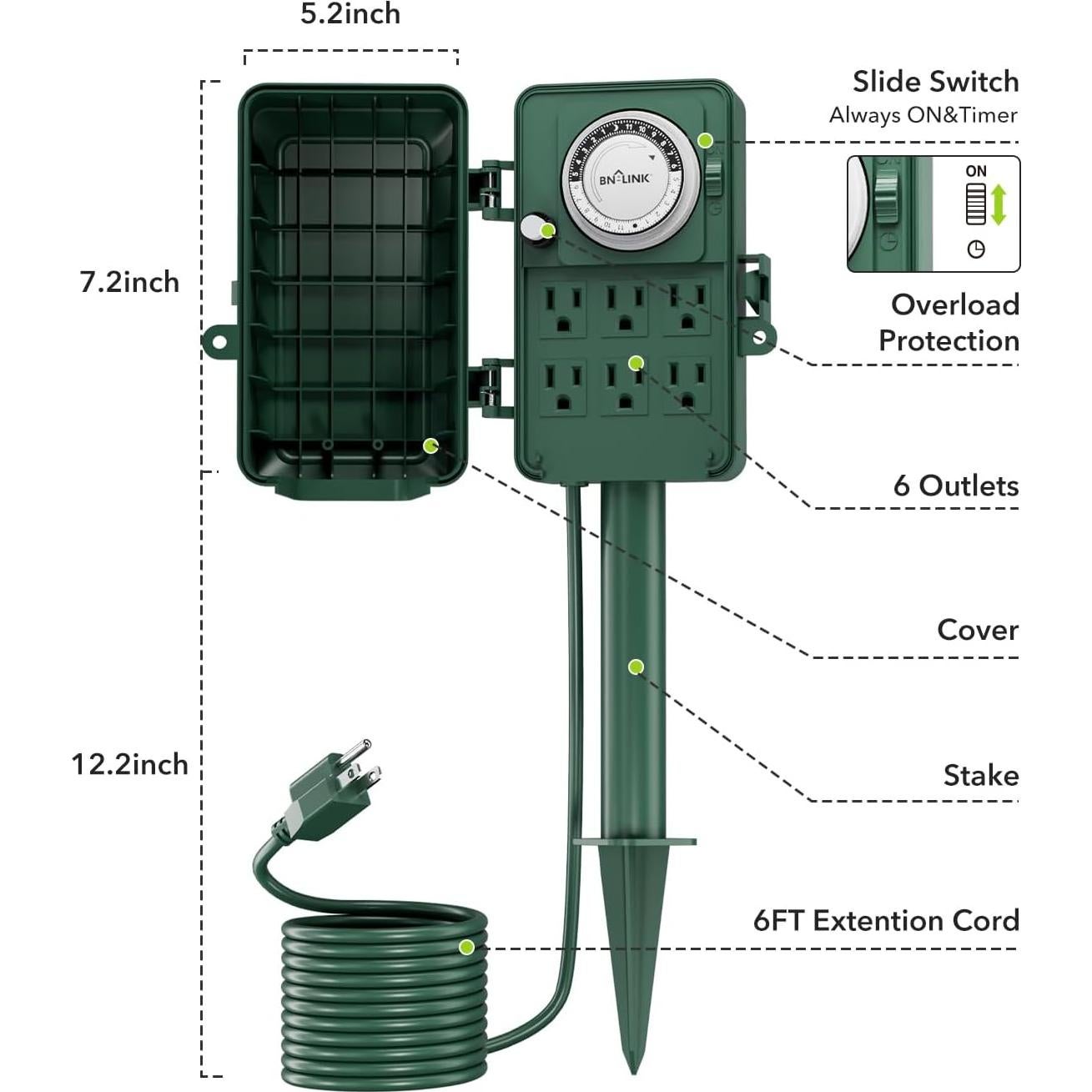 Temporizador Mecánico Exterior BN-LINK 6 Salidas 1.83m Verde