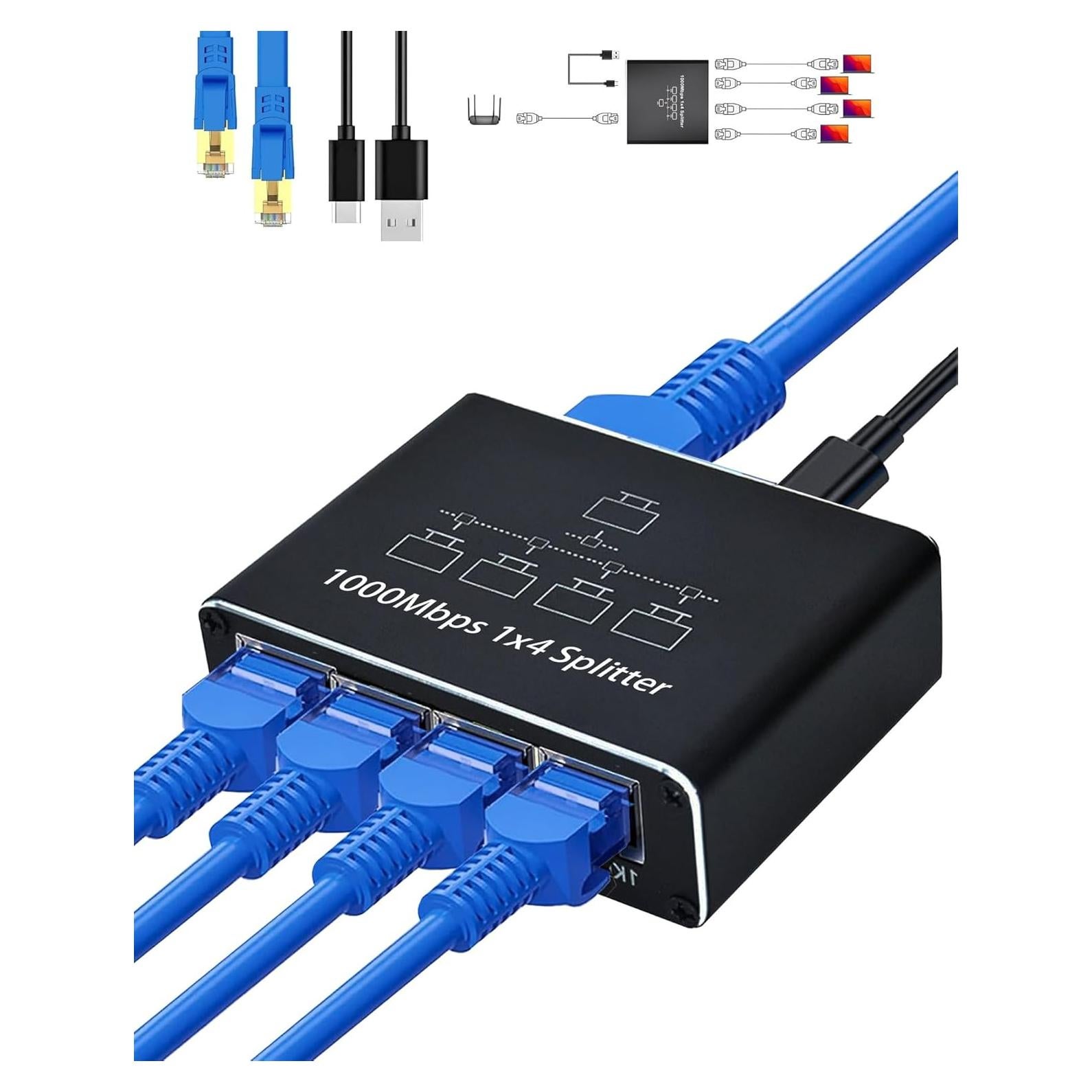 Divisor Ethernet 1 a 4 LIEZHUA con Cable LAN Cat 6 1000Mbps