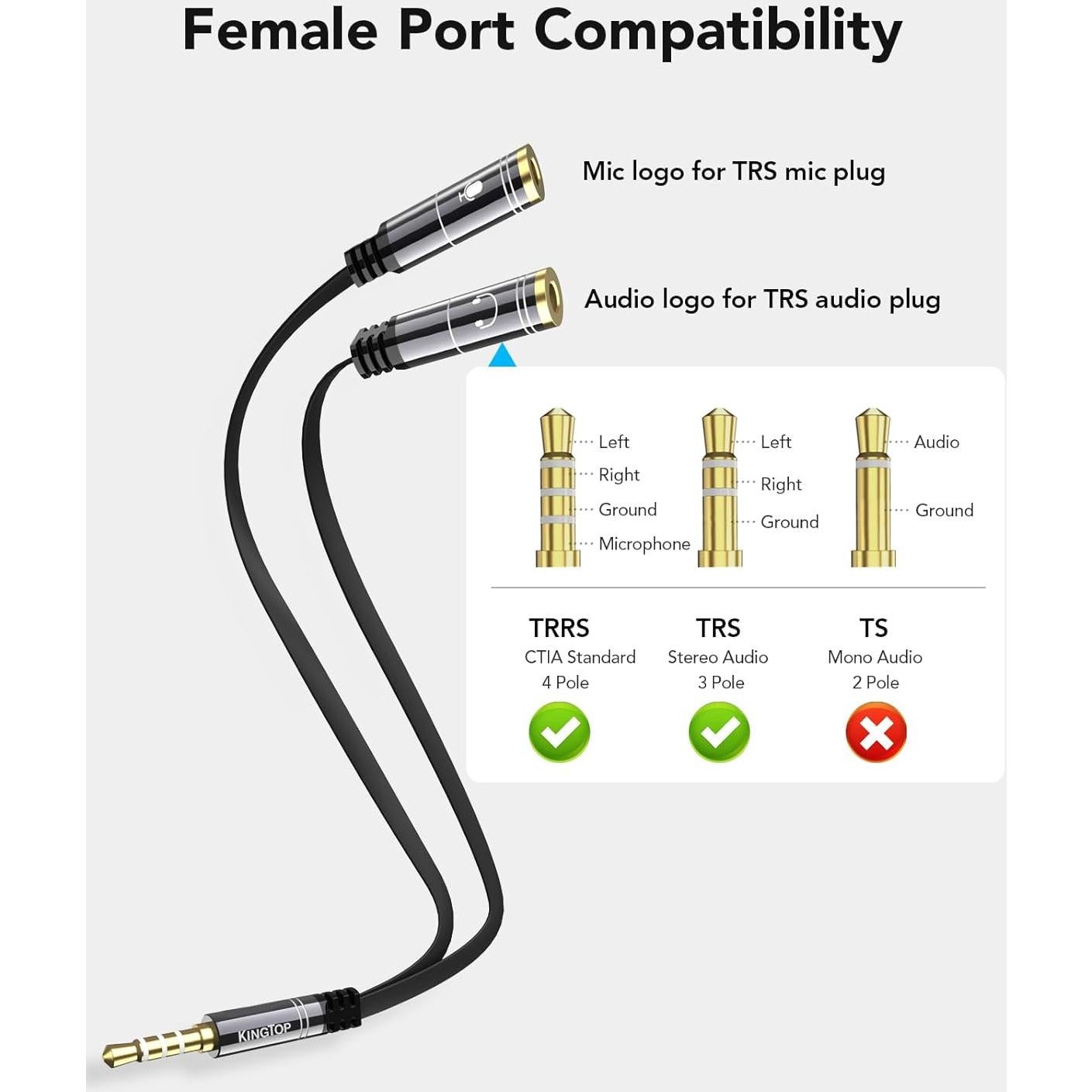 Divisor de Auriculares KINGTOP 3.5mm para Micrófono y Audio
