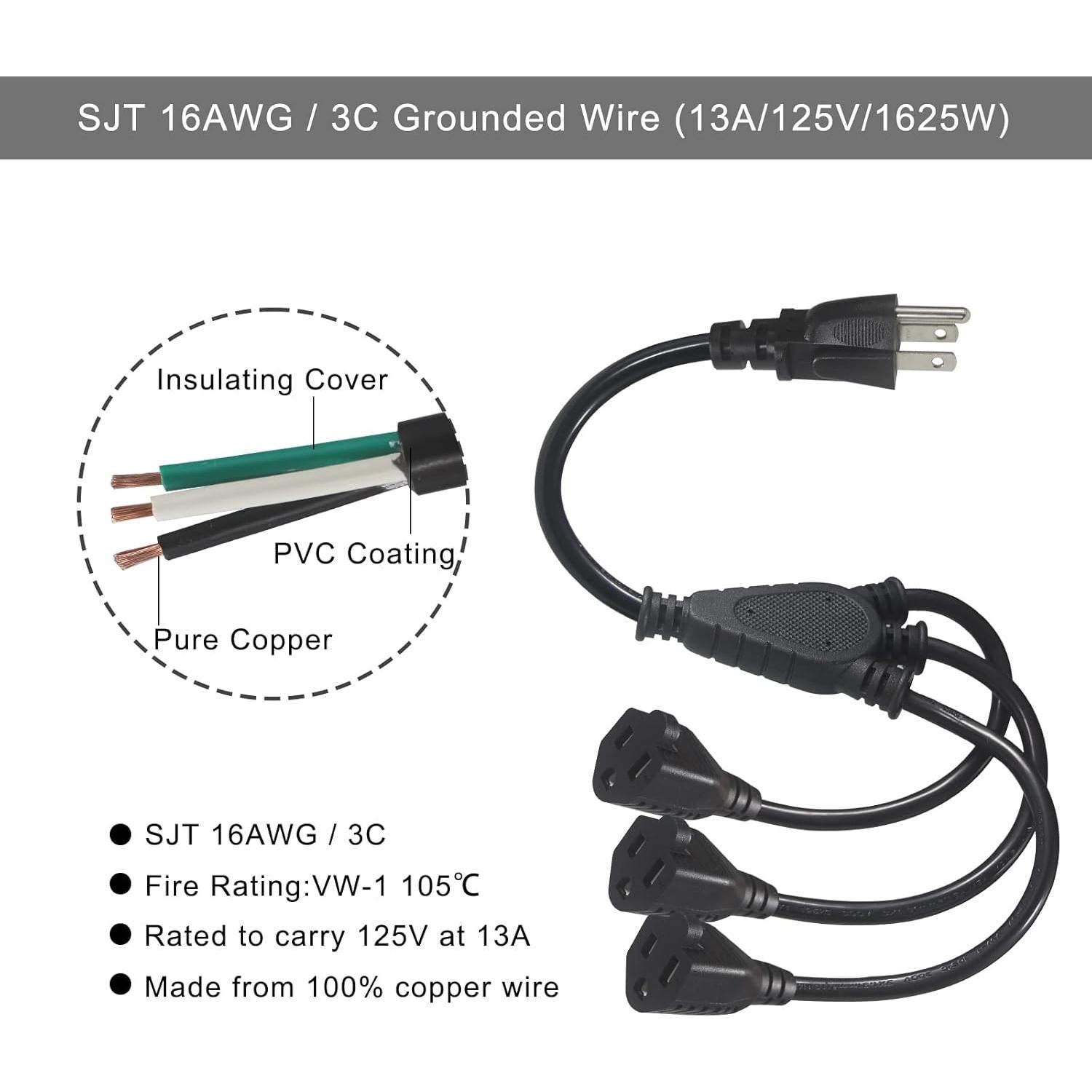 KUNCAN Cable Divisor de Energía 3 Salidas 0.3m 16AWG Negro