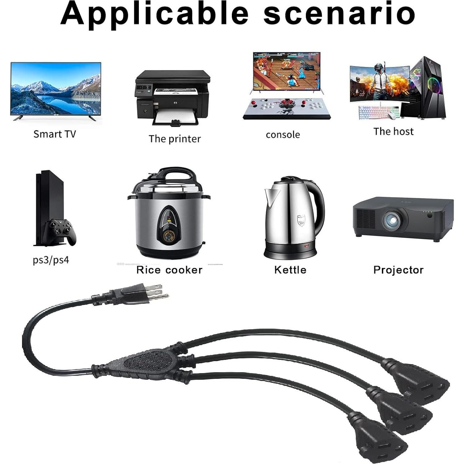 KUNCAN Cable Divisor de Energía 3 Salidas 0.3m 16AWG Negro