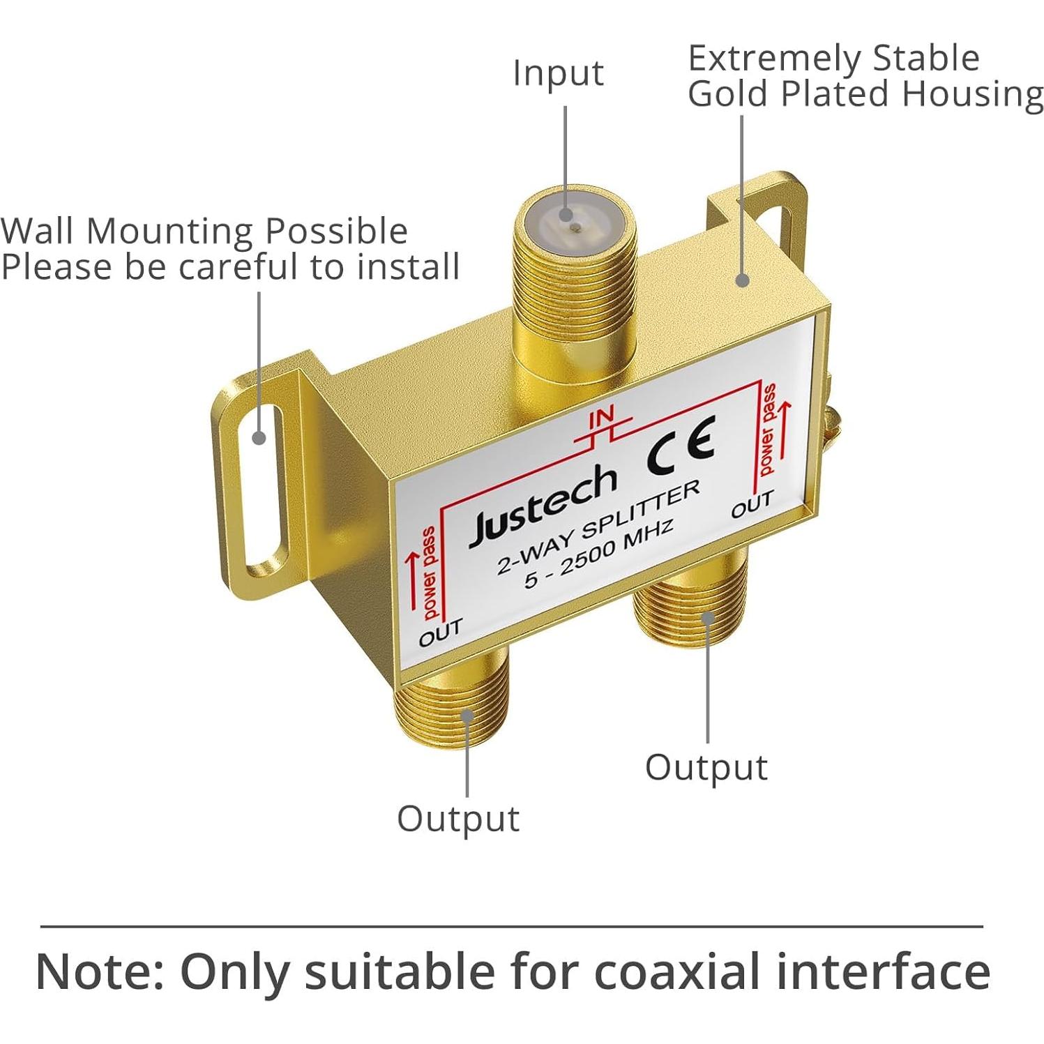 Divisor Coaxial Justech 2 Vías 5-2500MHz con Cable 1.5m