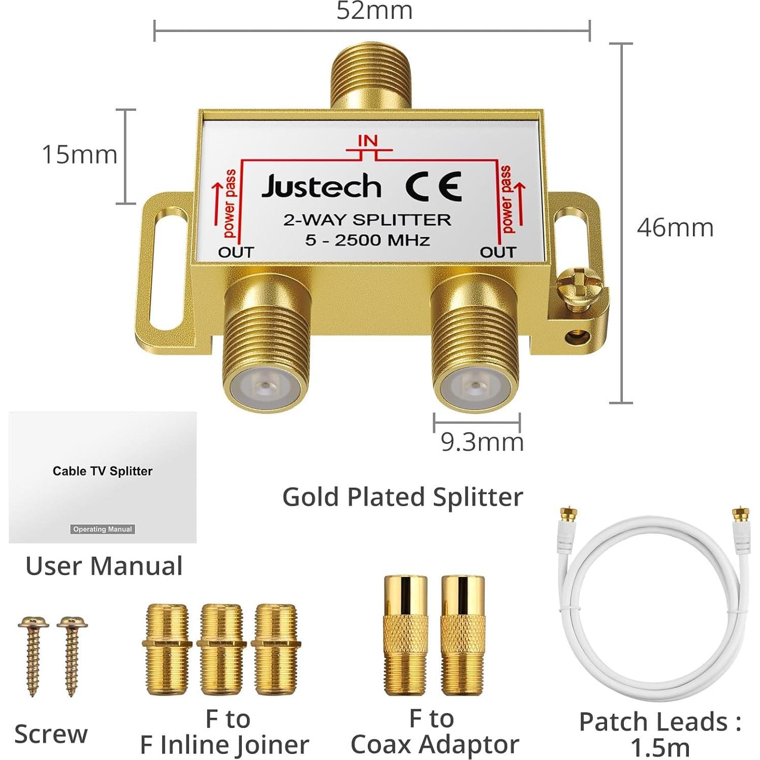 Divisor Coaxial Justech 2 Vías 5-2500MHz con Cable 1.5m
