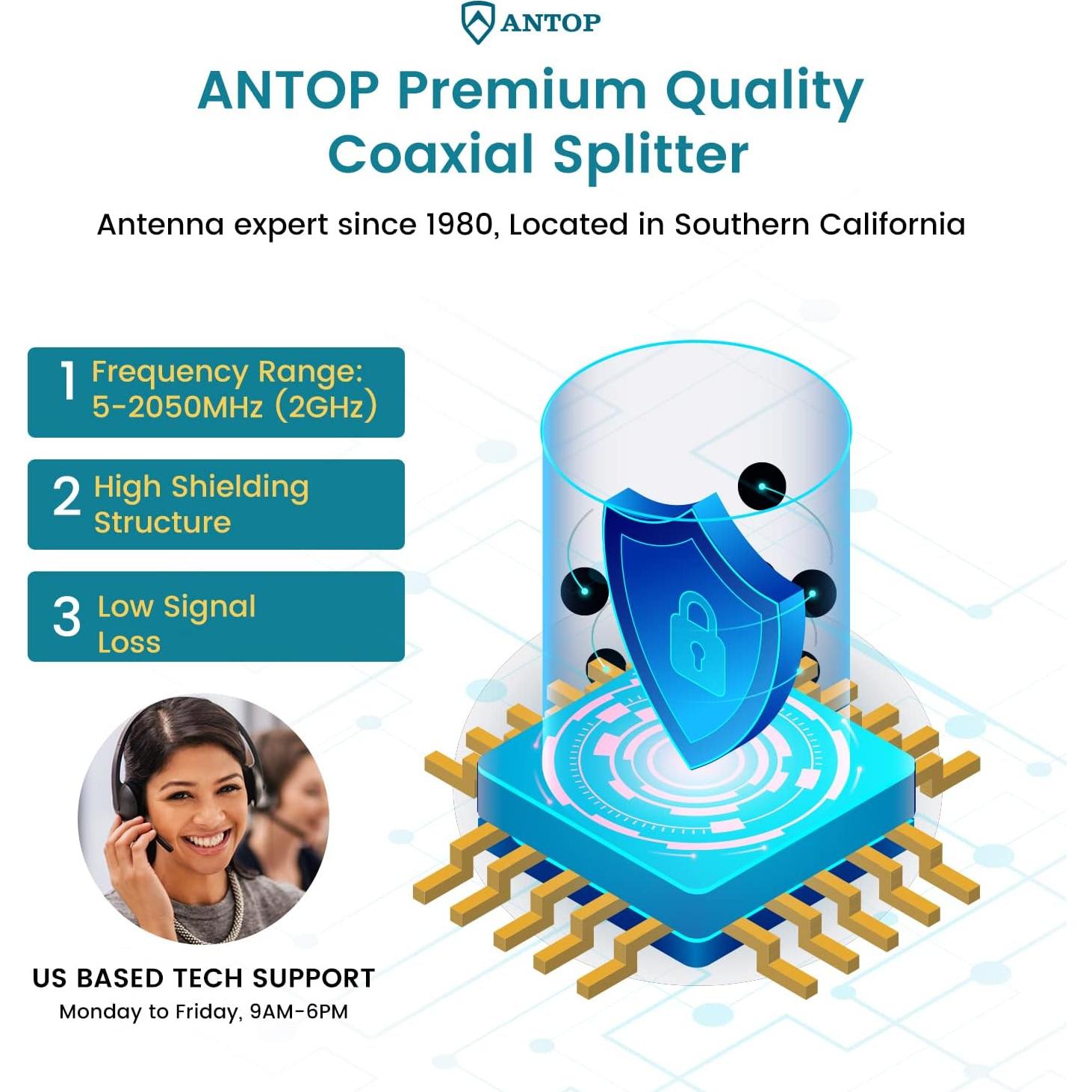Divisor de señal de TV 3 vías ANTOP 2GHz-2050MHz alto rendimiento