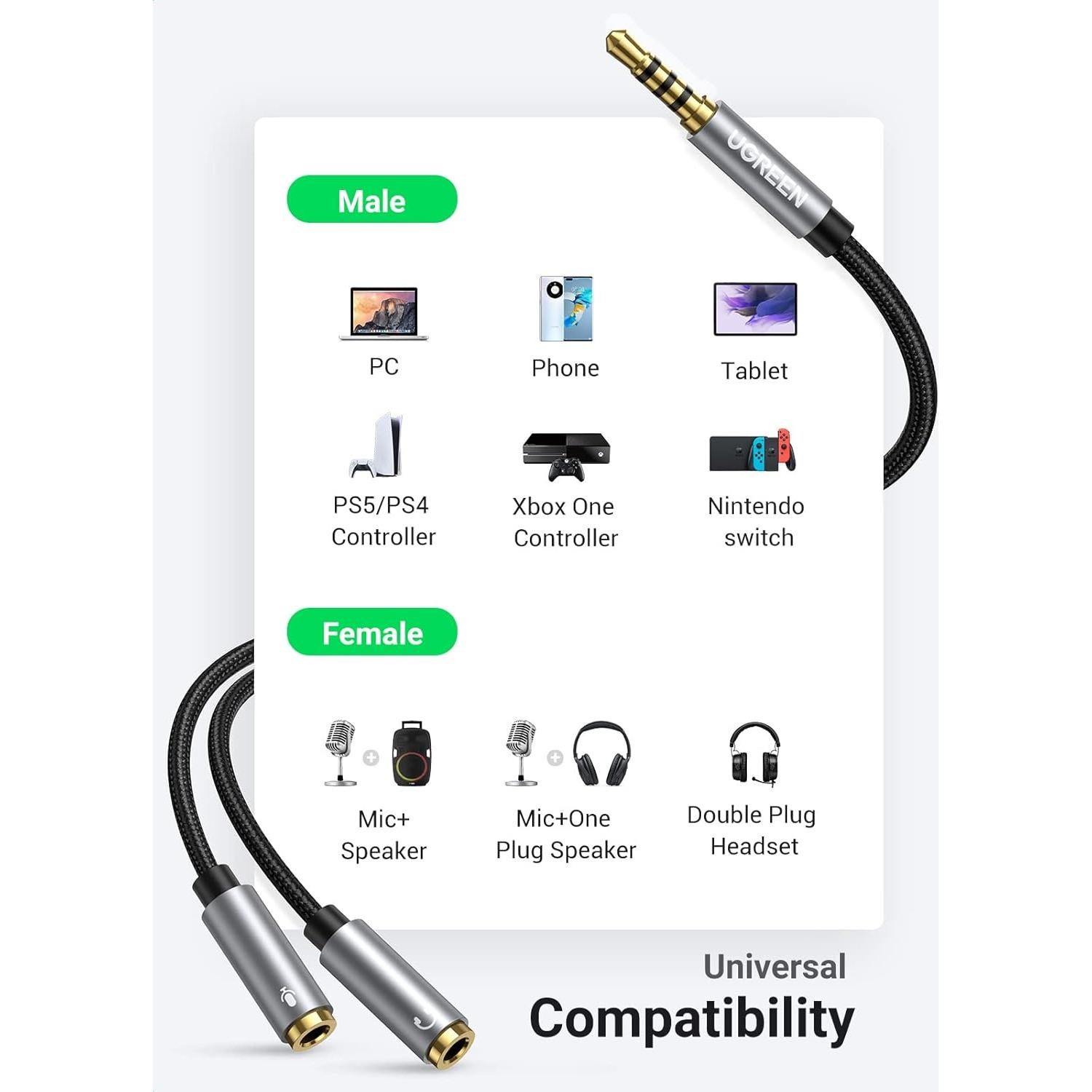 Adaptador Divisor de Auriculares UGREEN 3.5mm Macho a Doble Hembra
