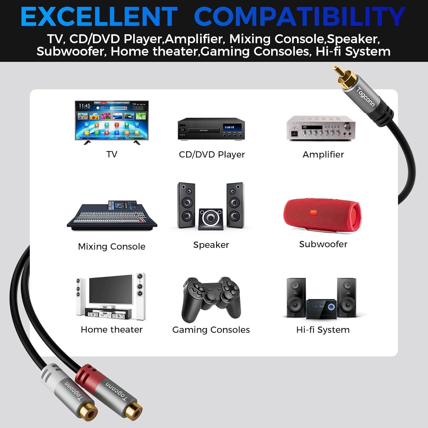 Cable divisor Y RCA 2Pack Togconn 1 RCA macho a 2 hembras 15.7cm