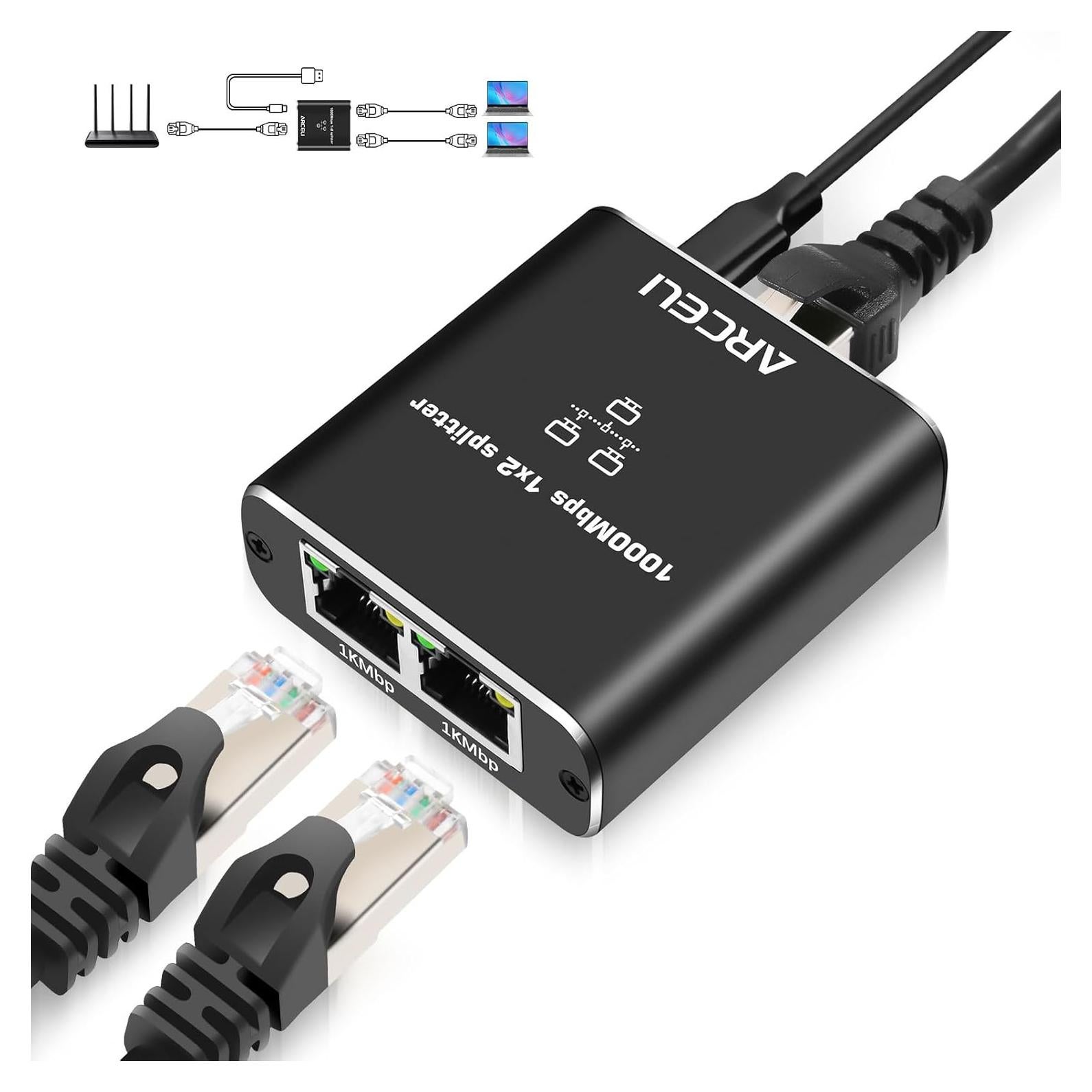 Divisor Ethernet Gigabit 1 a 2 Arceli con Cable Cat 6